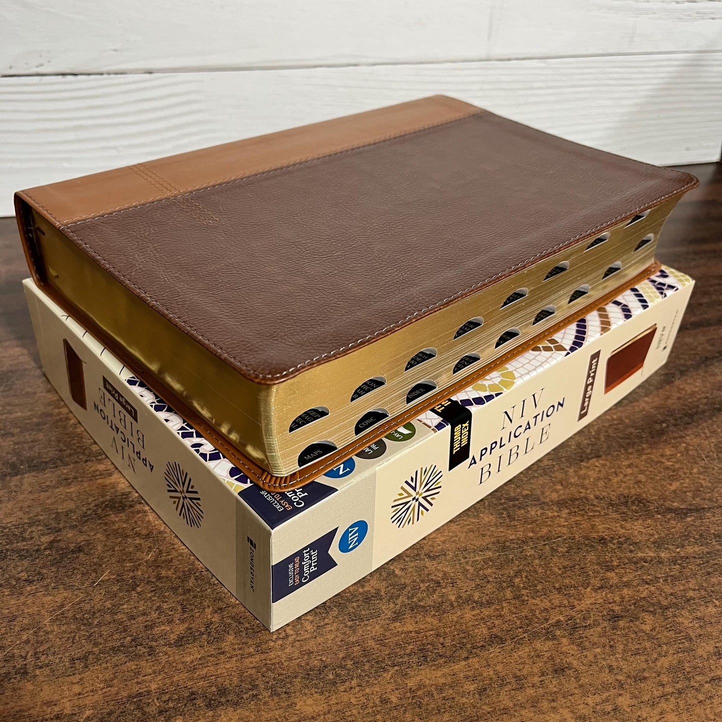 Personalized NIV Large Print Application Study Bible Thumb Indexed - Brown LeatherSoft, Custom Imprinted with a name, 9780310465317 (Update to Life Application Bible)