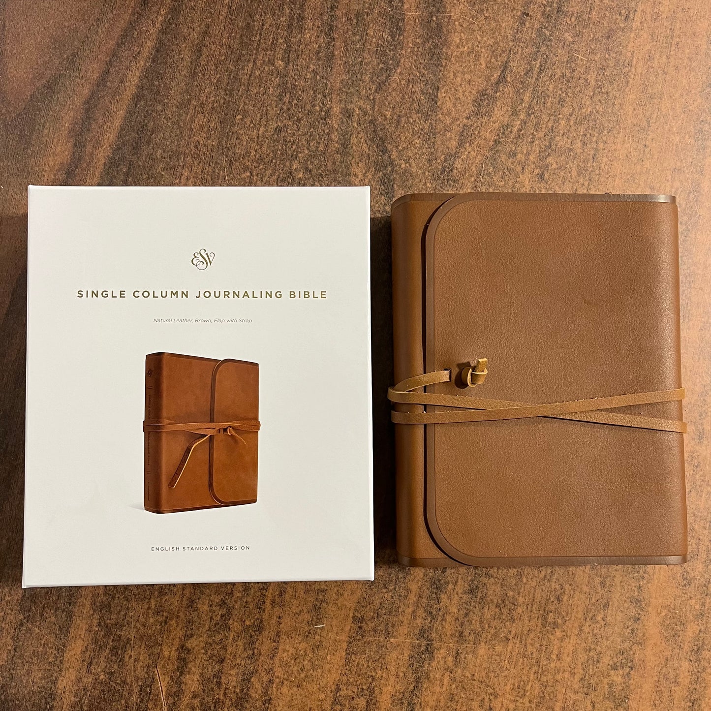 Personalized ESV Journaling Bible, Single Column Text - Brown Natural Genuine Cowhide Leather with Flap and Strap, Custom Imprinted 9798874900113
