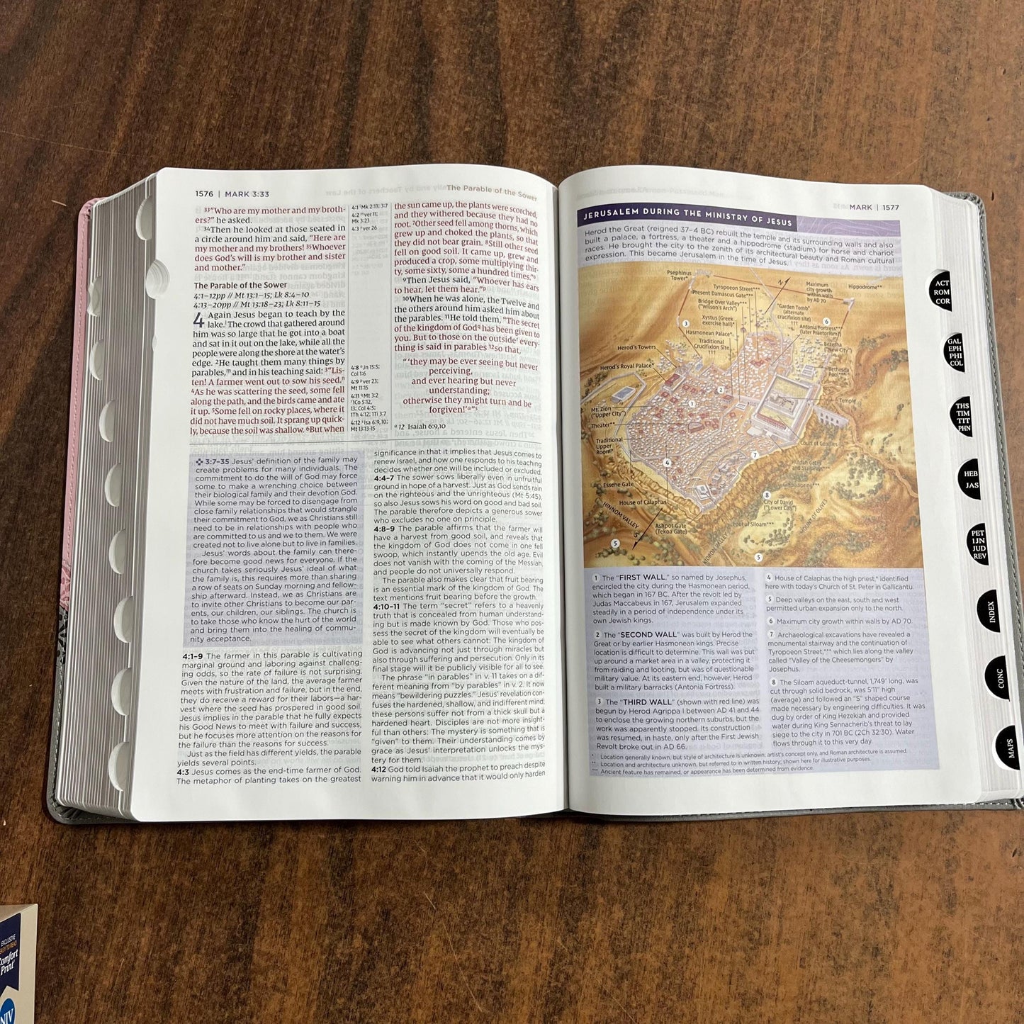 Personalized NIV Large Print Life Application Study Bible Thumb Indexed - Pink / Gray LeatherSoft, Custom Imprinted with name 9780310465348