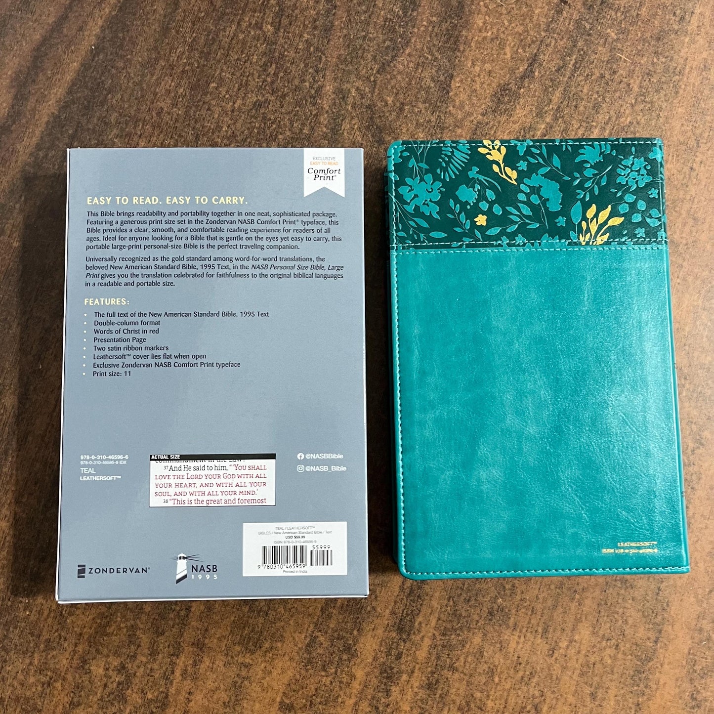 Personalized NASB Large Print Personal Size Bible Thumb Indexed - Teal LeatherSoft - Custom Imprinted bible, nasb 1995, 9780310465959