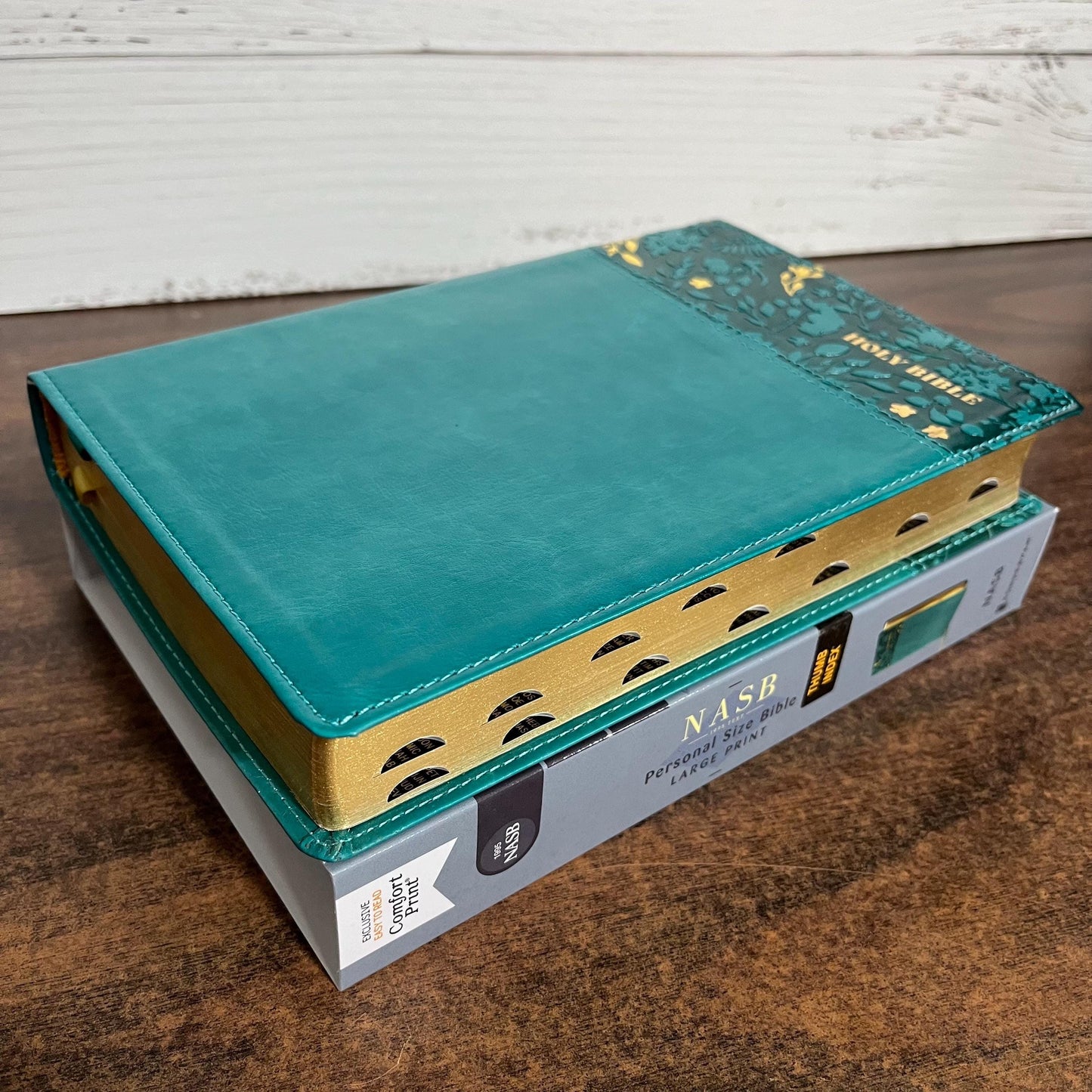 Personalized NASB Large Print Personal Size Bible Thumb Indexed - Teal LeatherSoft - Custom Imprinted bible, nasb 1995, 9780310465959