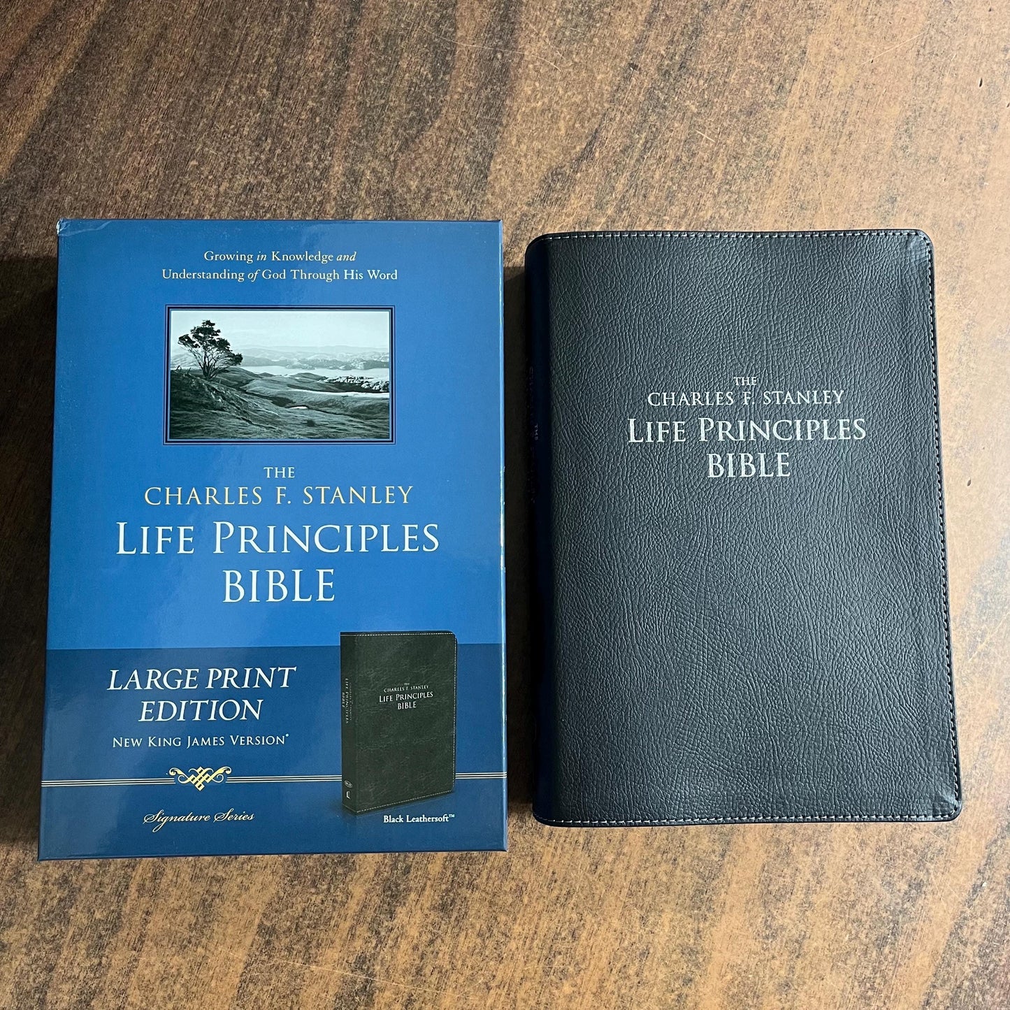 Personalized NKJV Large Print Charles Stanley Life Principles Study Bible - Black Leathersoft - Custom Imprinted with name 9781418547028