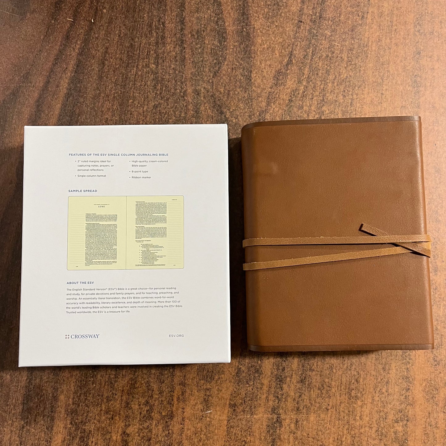 Personalized ESV Journaling Bible, Single Column Text - Brown Natural Genuine Cowhide Leather with Flap and Strap, Custom Imprinted 9798874900113