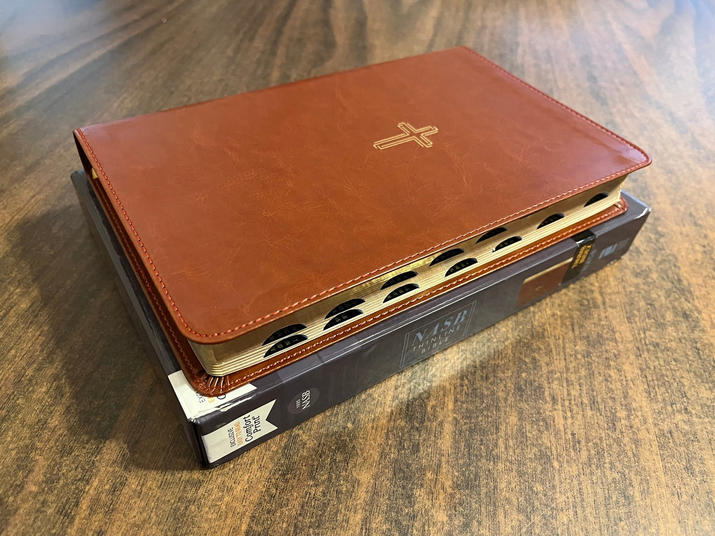 Personalized NASB Thinline Bible with Thumb Indexed Book Tabs - Brown LeatherSoft, Custom name engraved Imprinted, 9780310456360