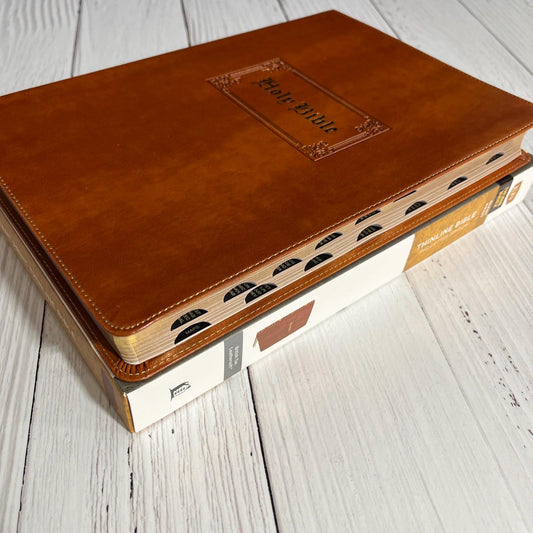 Personalized KJV Giant Print Thinline Bible Thumb Indexed - British Tan Vintage LeatherSoft, Custom Imprinted with name, 9781400332304
