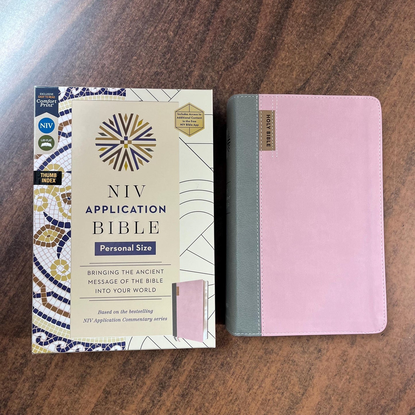 Personalized NIV Personal Size Life Application Study Bible Thumb Indexed - Pink / Gray LeatherSoft - Custom Imprinted name 9780310465270