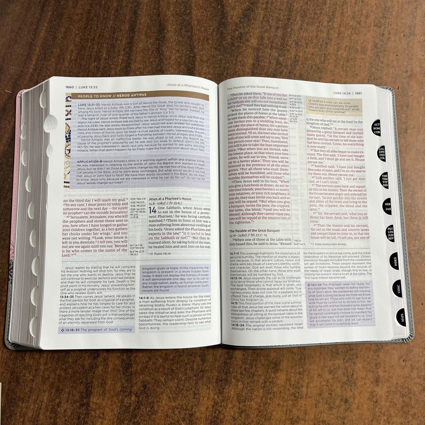 Personalized NIV Large Print Life Application Study Bible Thumb Indexed - Pink / Gray LeatherSoft, Custom Imprinted with name 9780310465348
