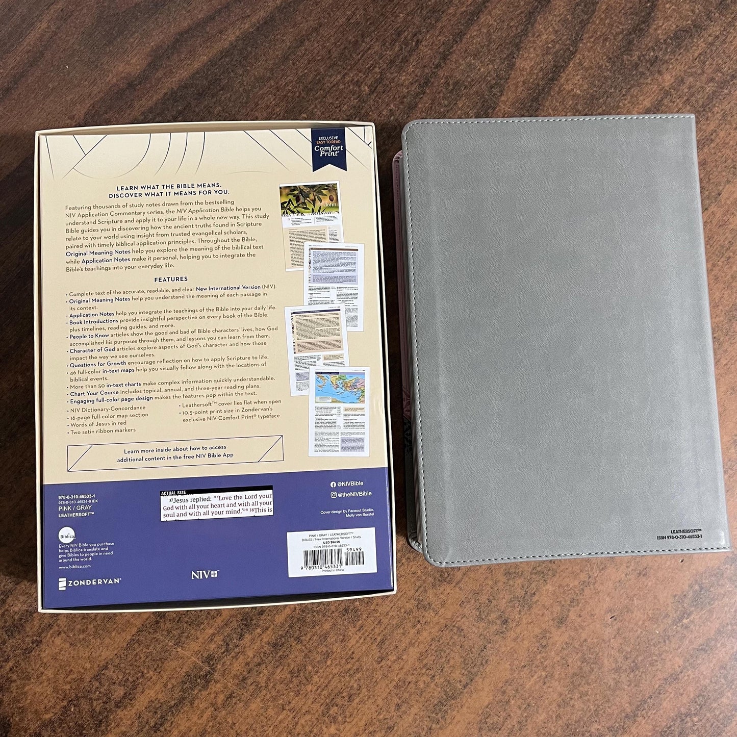 Personalized NIV Large Print Life Application Study Bible - Pink / Gray LeatherSoft, Custom Imprinted with a name, 9780310465331