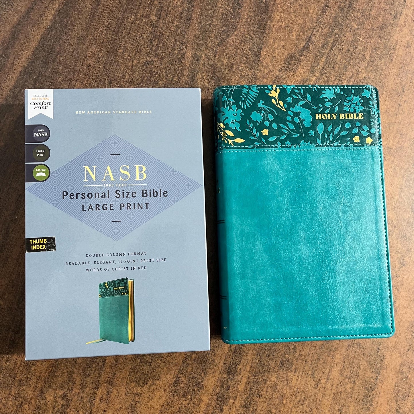Personalized NASB Large Print Personal Size Bible Thumb Indexed - Teal LeatherSoft - Custom Imprinted bible, nasb 1995, 9780310465959