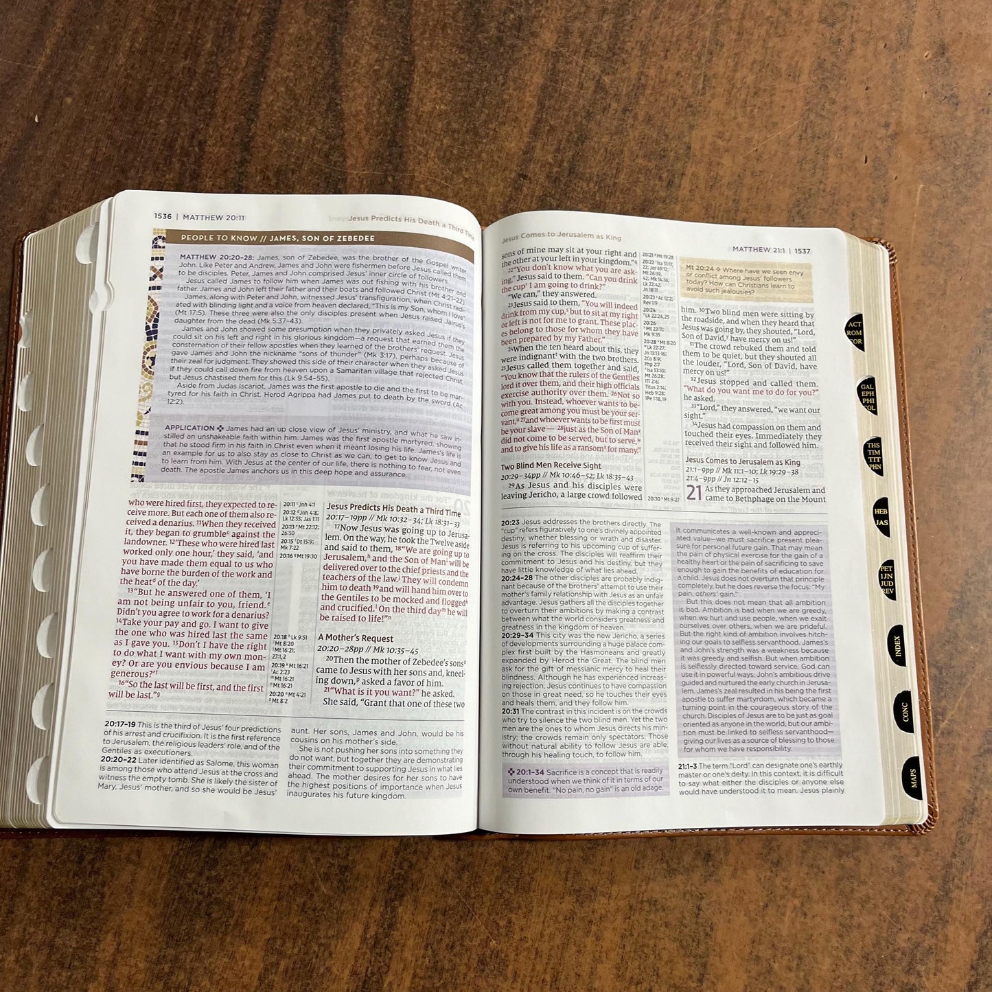 Personalized NIV Large Print Application Study Bible Thumb Indexed - Brown LeatherSoft, Custom Imprinted with a name, 9780310465317 (Update to Life Application Bible)