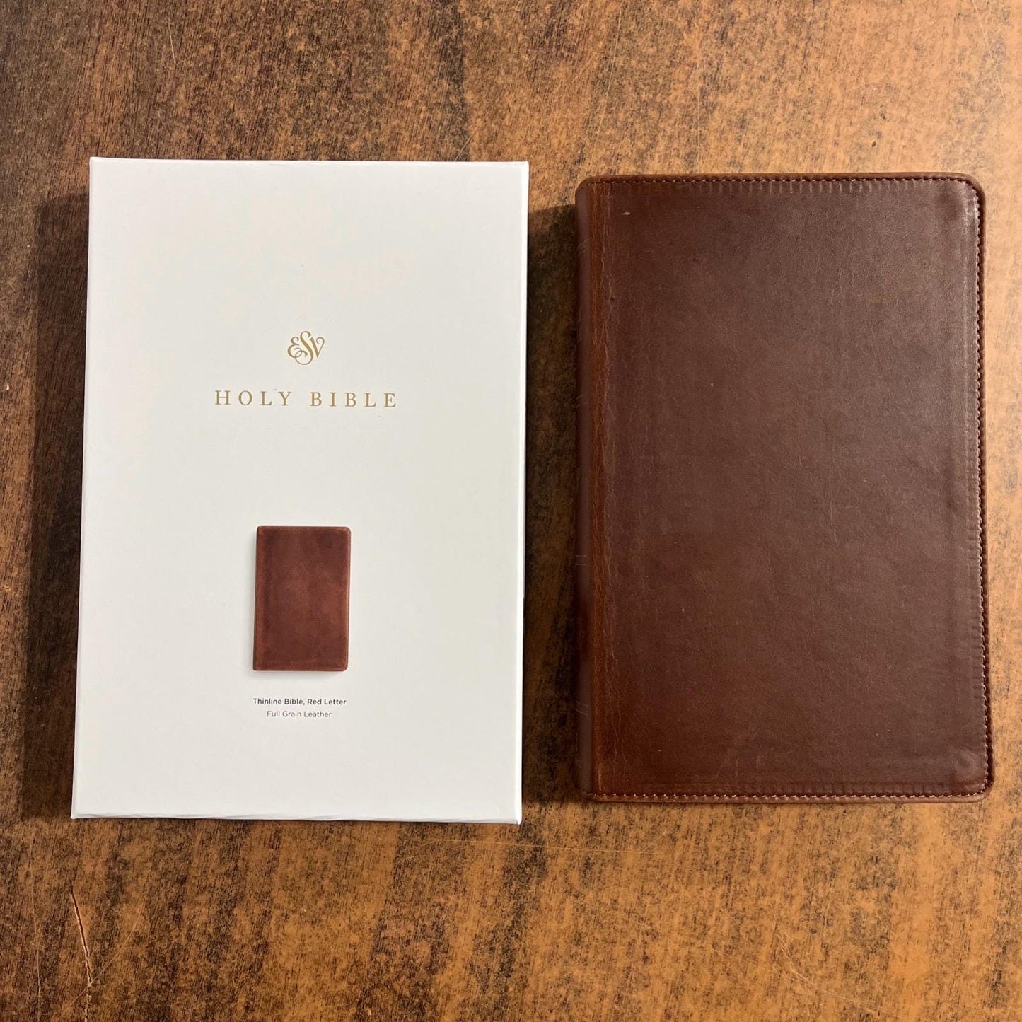 Personalized ESV Thinline Bible - Saddle Brown Full Grain Genuine Leather, Custom Imprinted with name, ISBN 9798874903534 2025 ESV Text