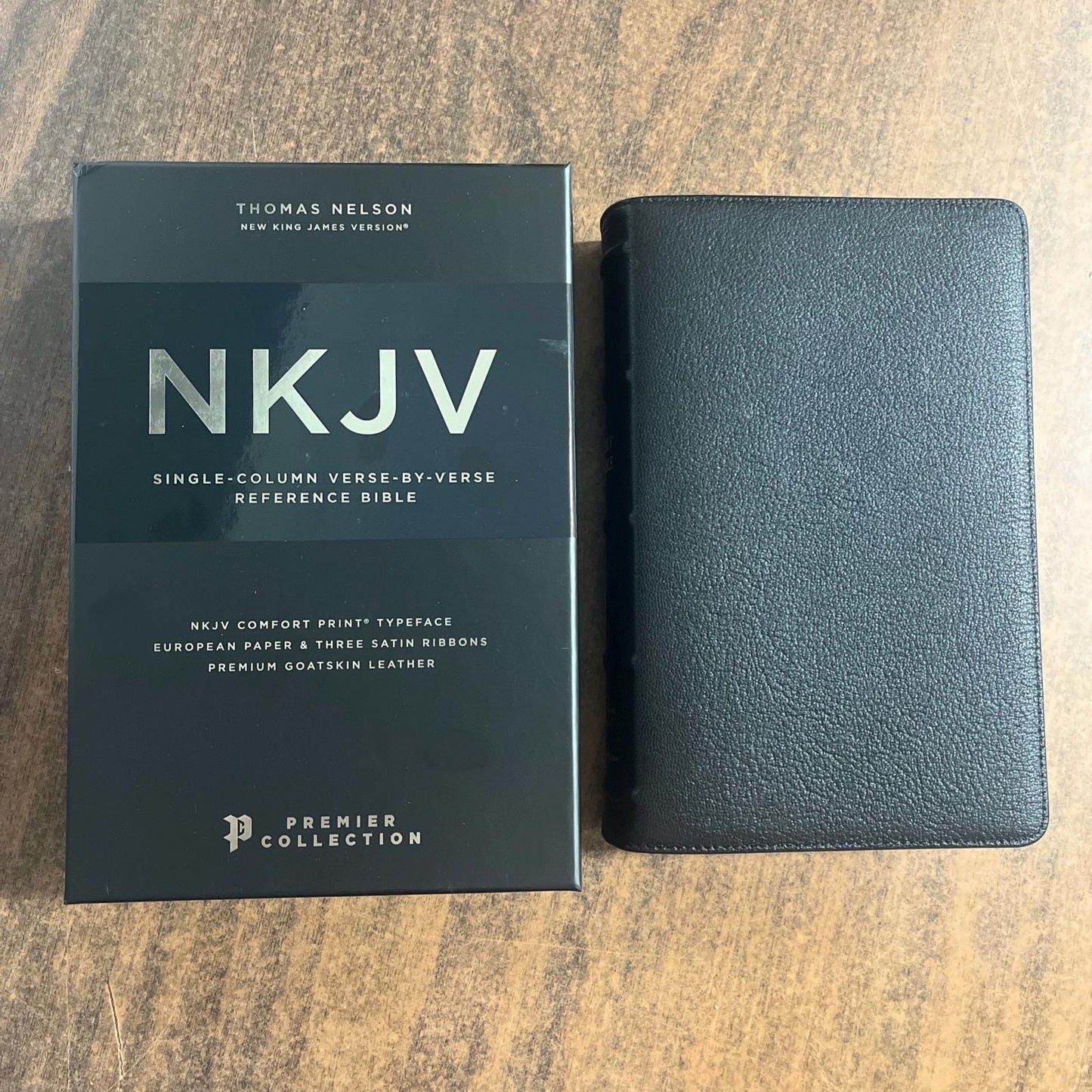 Personalized NKJV Single Column Reference Premier Collection Bible - Black Goatskin Premium Genuine Leather, Custom Imprinted 9781400349081