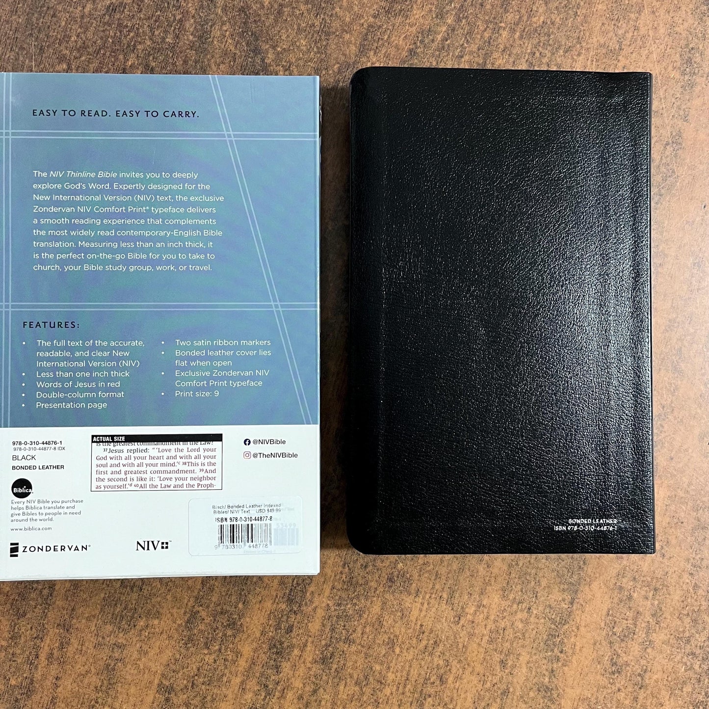 Personalized NIV Thinline Bible Thumb Indexed - Black Bonded Leather, Custom Imprinted with a name, ISBN 9780310448778