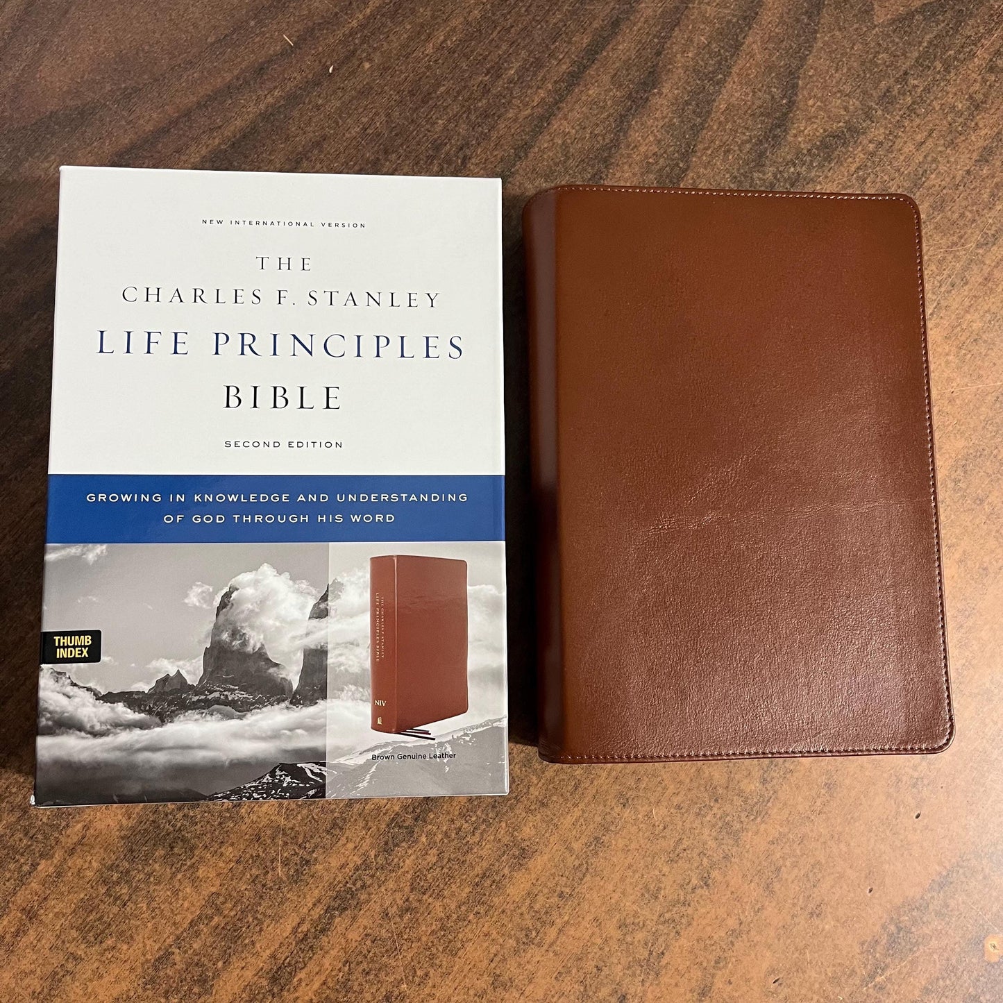 Personalized NIV Charles Stanley Life Principles Study Bible Indexed - Brown Genuine Leather, Custom Imprinted with a name 9780785225621