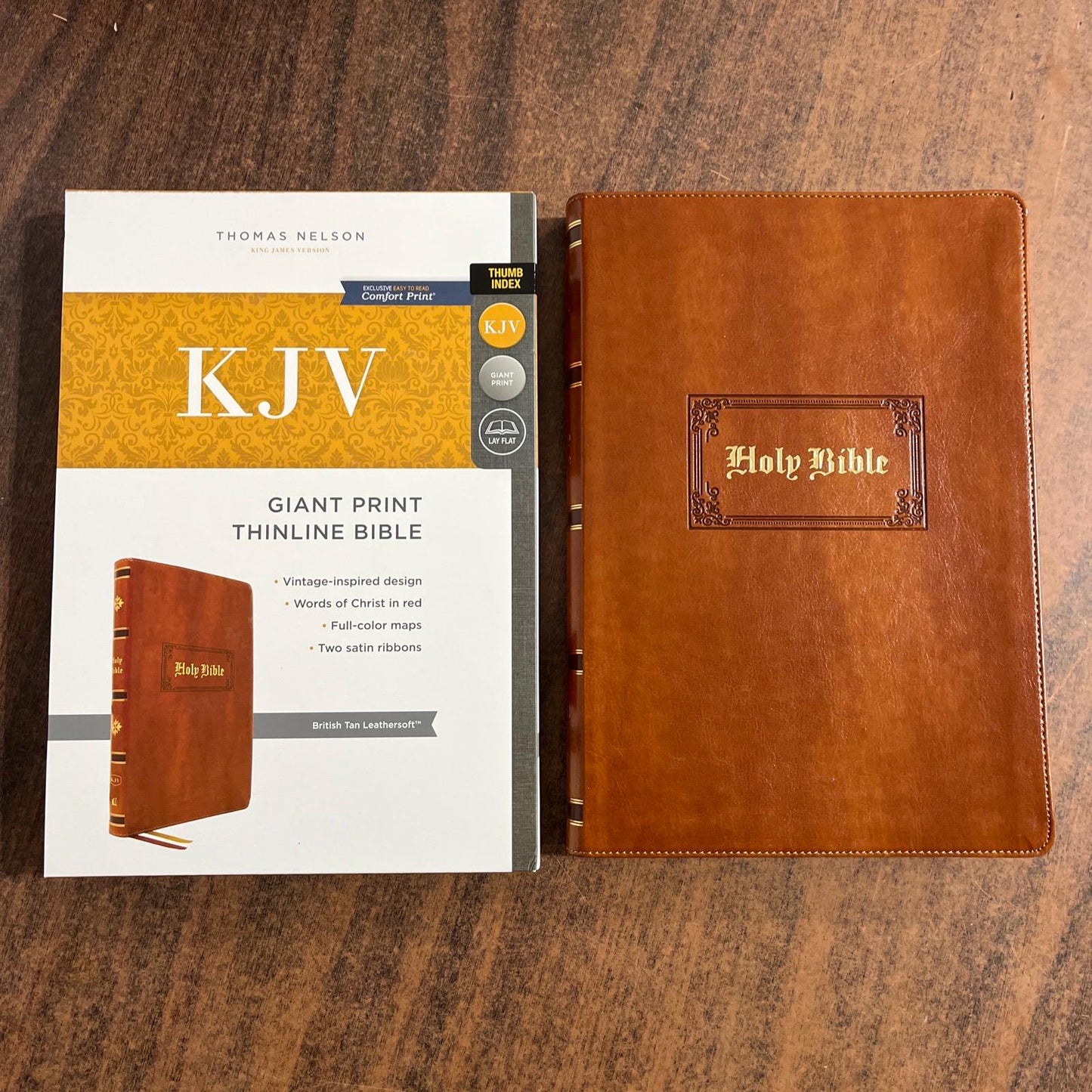 Personalized KJV Giant Print Thinline Bible Thumb Indexed - British Tan Vintage LeatherSoft, Custom Imprinted with name, 9781400332304