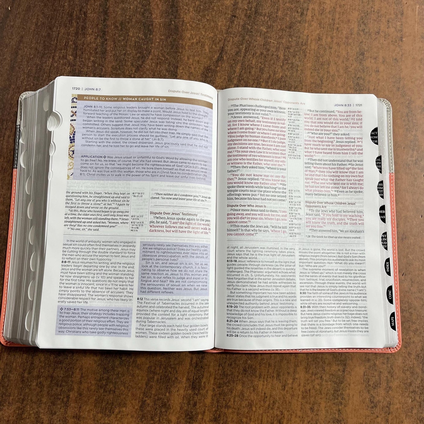 Personalized NIV Life Application Study Bible Thumb Indexed with Tabs - Coral / Gray LeatherSoft -Custom Imprinted with a name 9780310465171