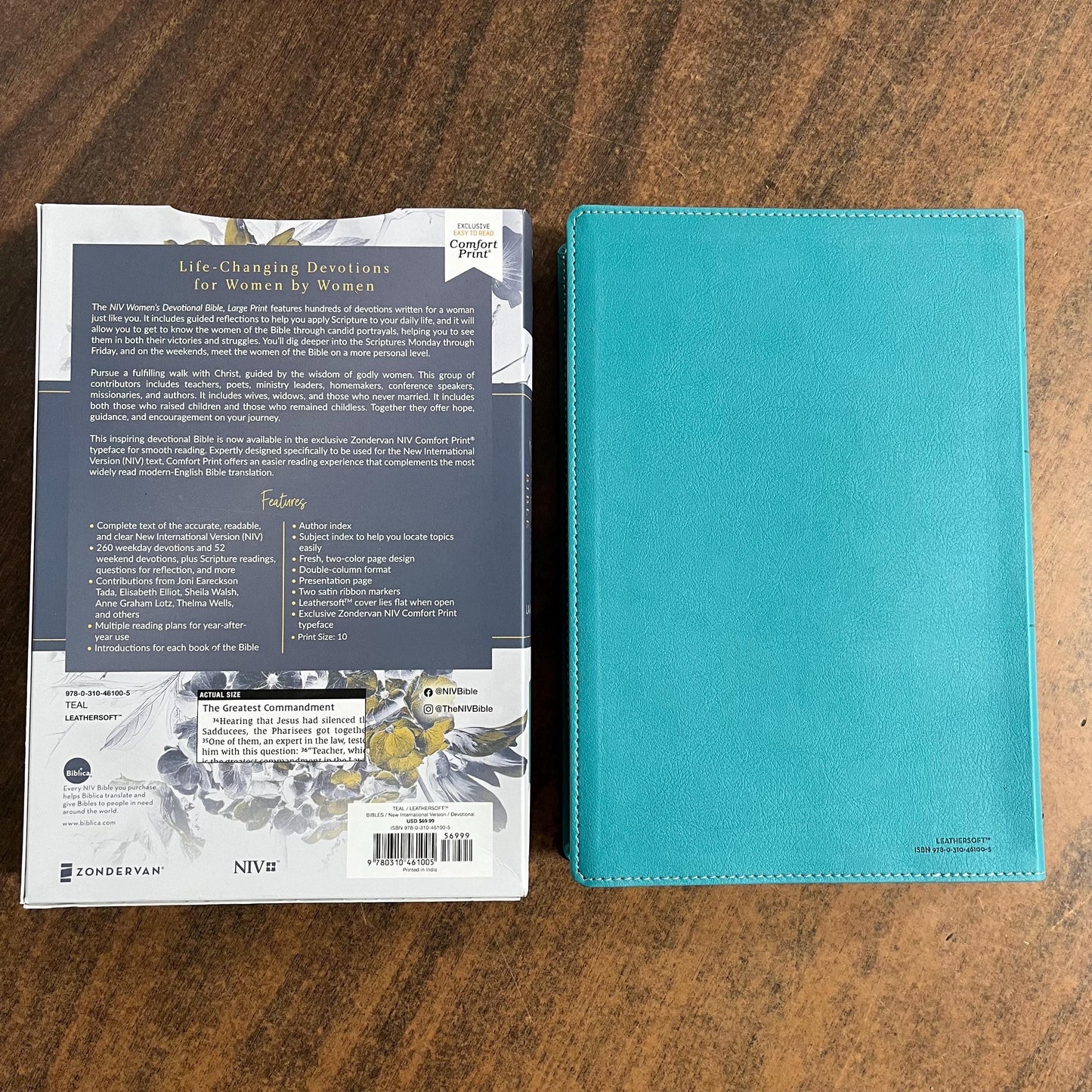 Personalized NIV Womens Devotional Bible Large Print - Teal Leathersoft Cover - Custom Imprinted with a name 9780310461005