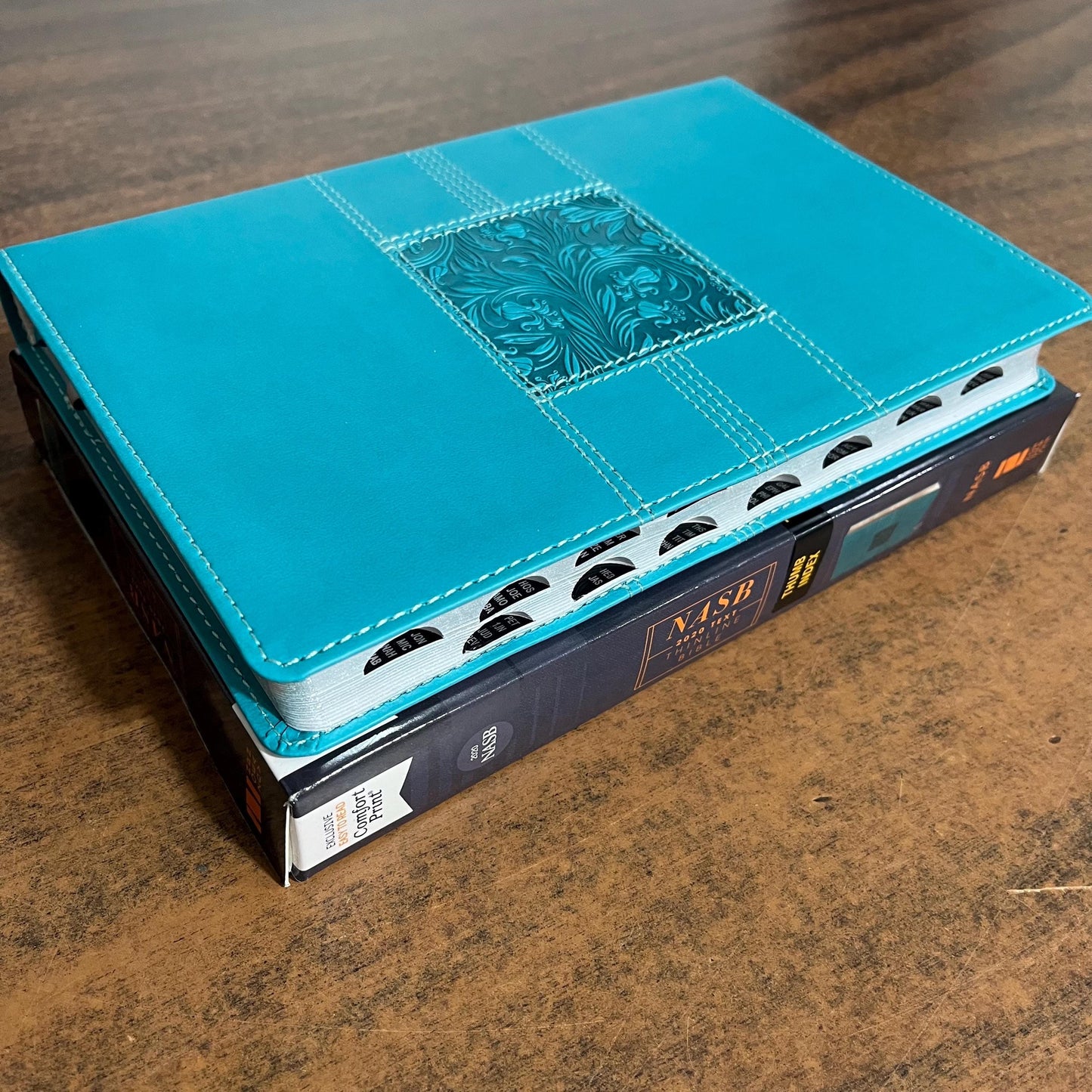 Personalized NASB Thinline Bible Thumb Indexed - Teal LeatherSoft, Custom Imprinted with a name, ISBN 9780310456667, NASB 2020 Text