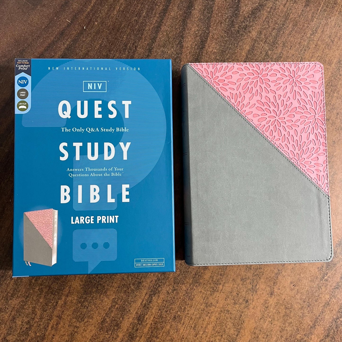 Personalized NIV Large Print Quest Study Bible - Gray / Pink LeatherSoft - Custom Imprinted with name, 9780310456836
