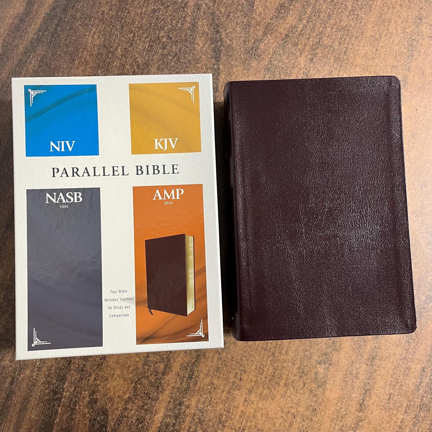 Personalized Parallel Bible - NIV / KJV / NASB 1995 / Amplified - Burgundy Bonded Leather Cover, Custom Imprinted with name 9780310446682