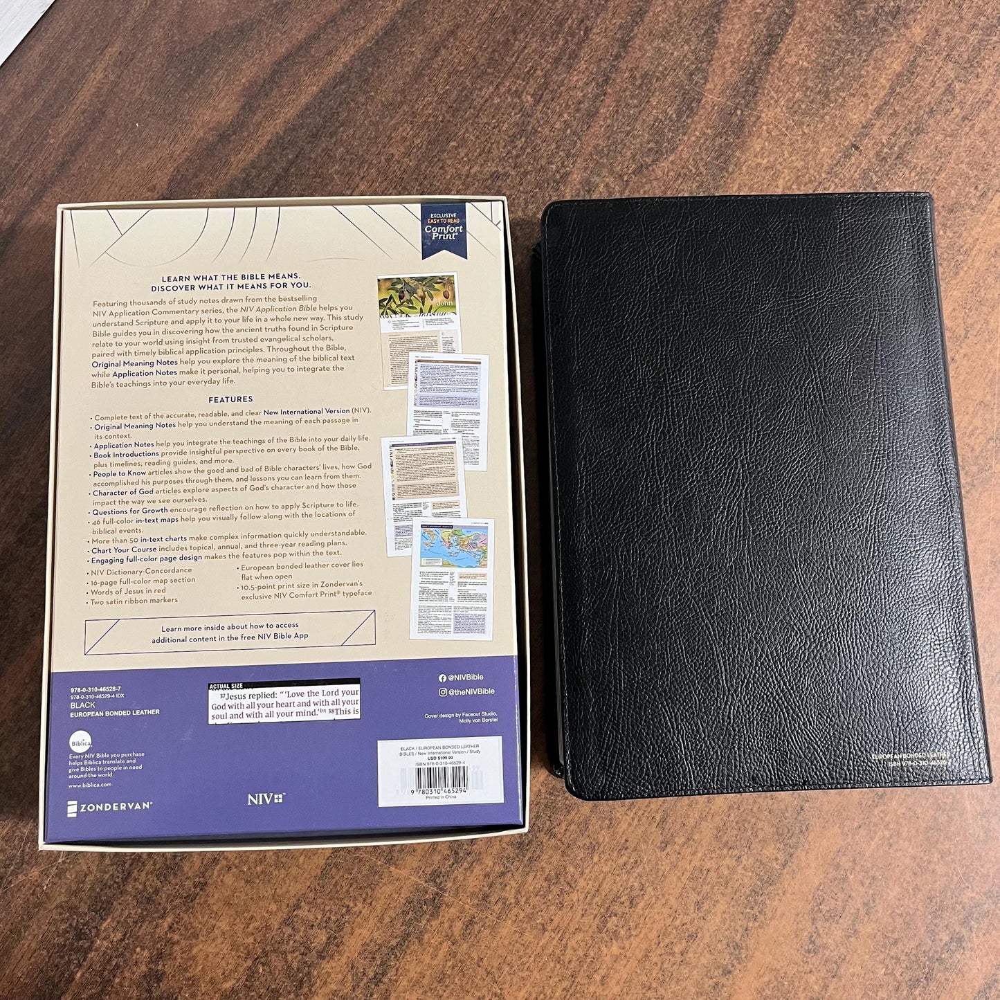 Personalized NIV Large Print Life Application Study Bible Thumb Indexed - Black European Bonded Leather, Custom Imprinted, 9780310465294