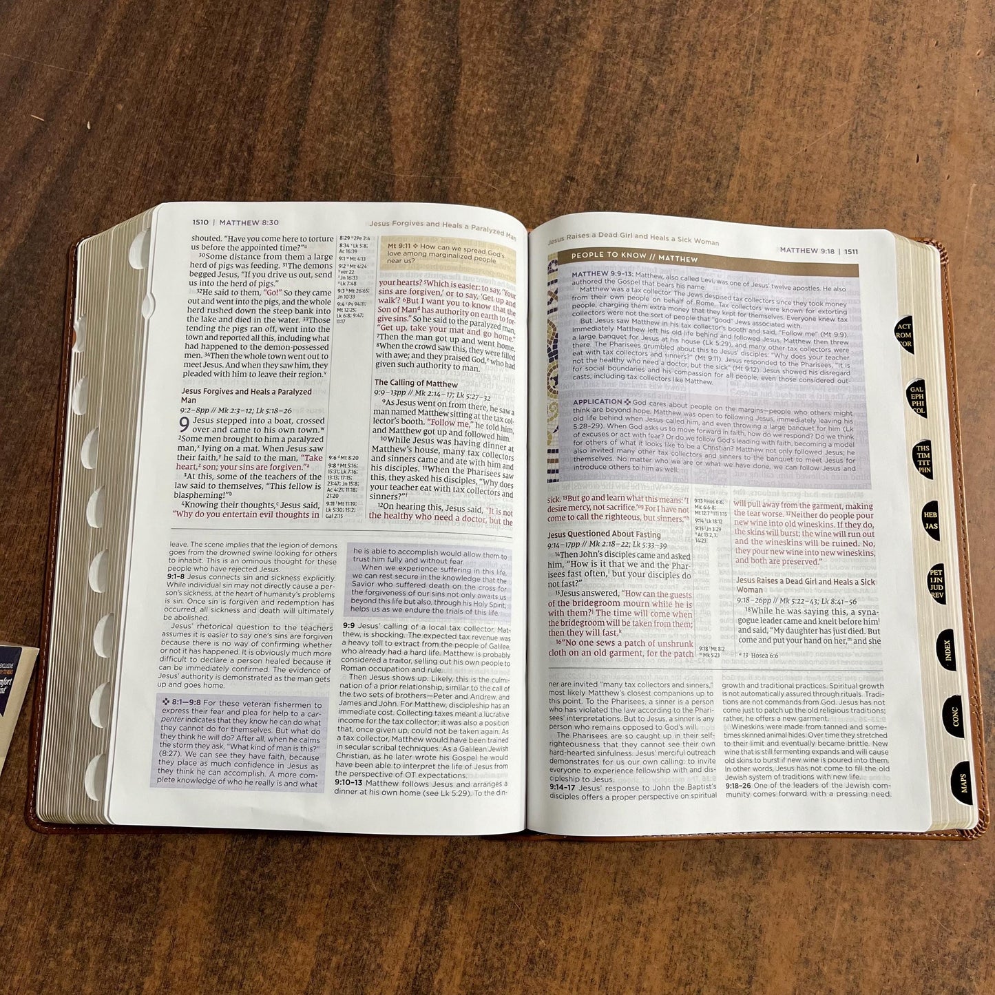 Personalized NIV Large Print Application Study Bible Thumb Indexed - Brown LeatherSoft, Custom Imprinted with a name, 9780310465317 (Update to Life Application Bible)