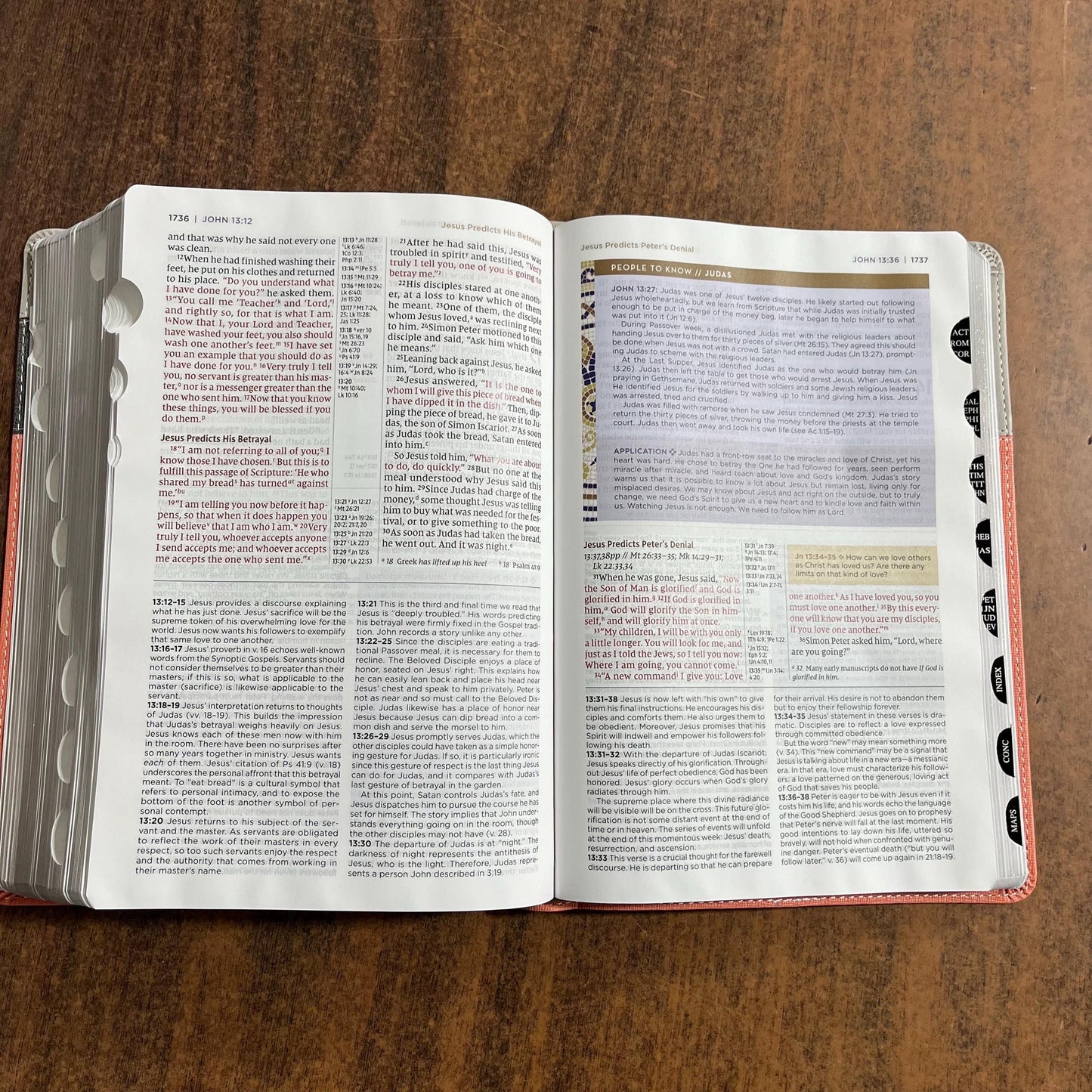 Personalized NIV Life Application Study Bible Thumb Indexed with Tabs - Coral / Gray LeatherSoft -Custom Imprinted with a name 9780310465171