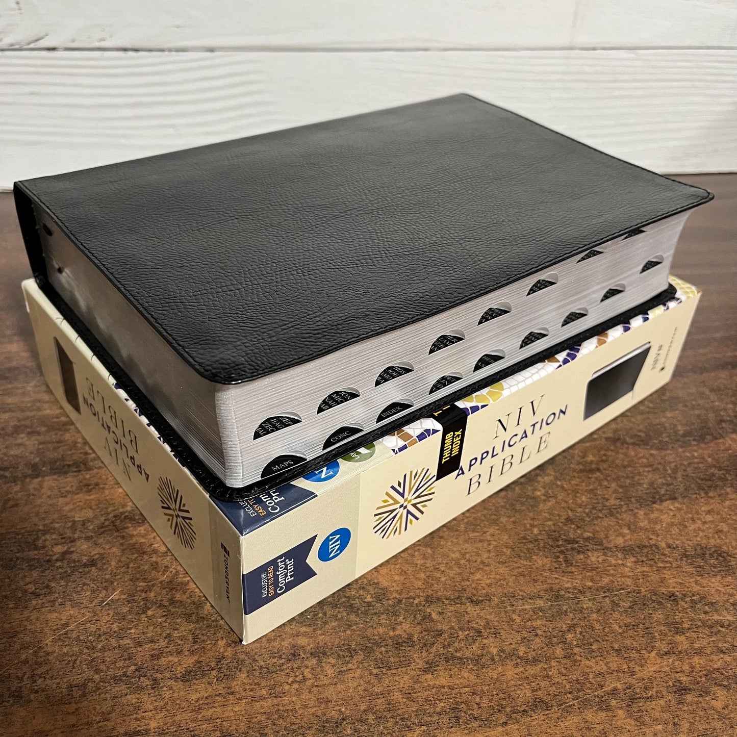 Personalized NIV Life Application Study Bible Thumb Indexed Tabs - Black European Bonded Leather- Custom Imprinted with name 9780310465133