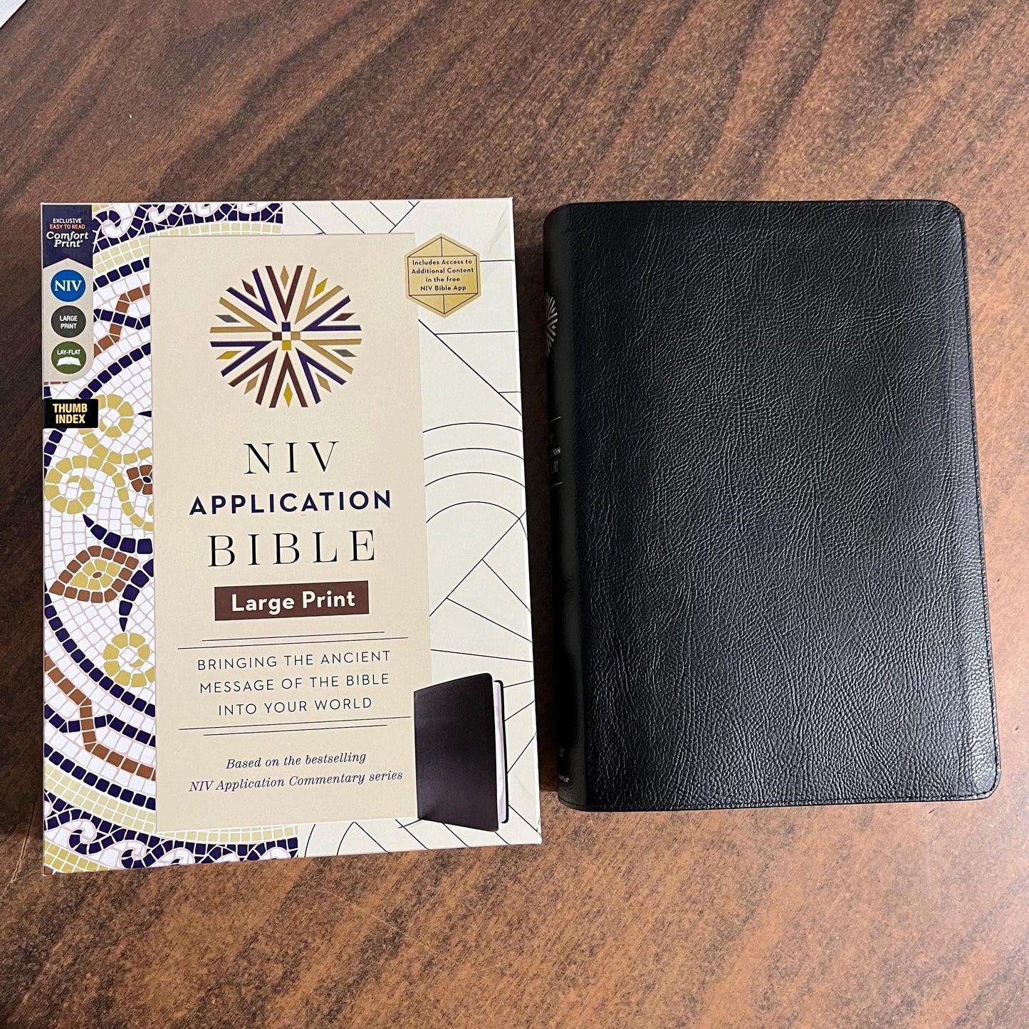 Personalized NIV Large Print Life Application Study Bible Thumb Indexed - Black European Bonded Leather, Custom Imprinted, 9780310465294