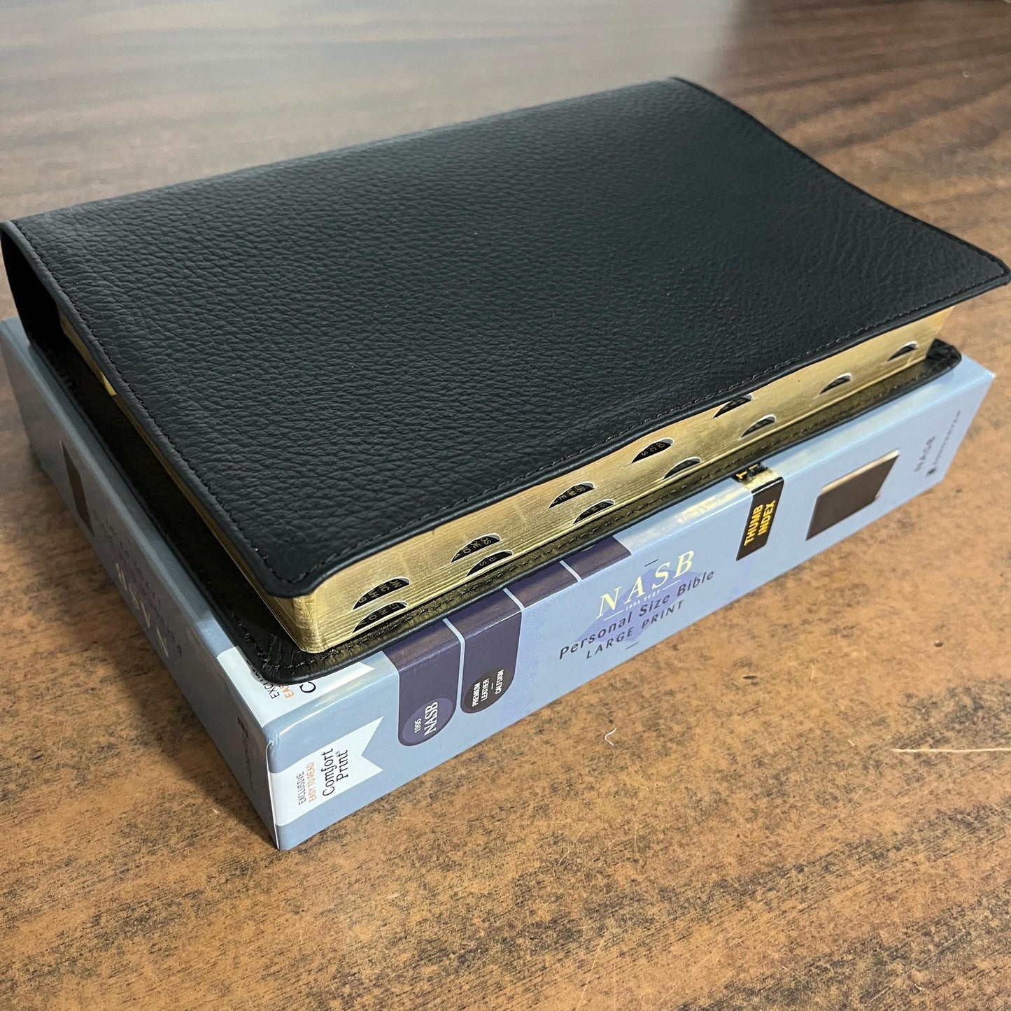 Personalized NASB Large Print Personal Size Bible Thumb Indexed - Black Genuine Calfskin Leather- Custom Imprinted, nasb 1995, 9780310465997