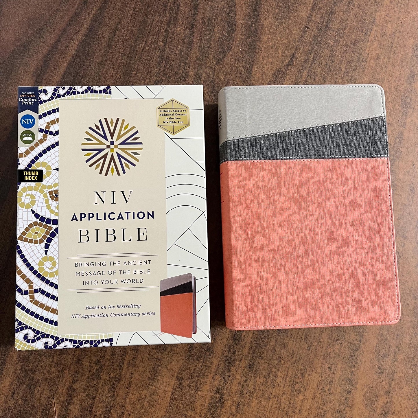 Personalized NIV Life Application Study Bible Thumb Indexed with Tabs - Coral / Gray LeatherSoft -Custom Imprinted with a name 9780310465171