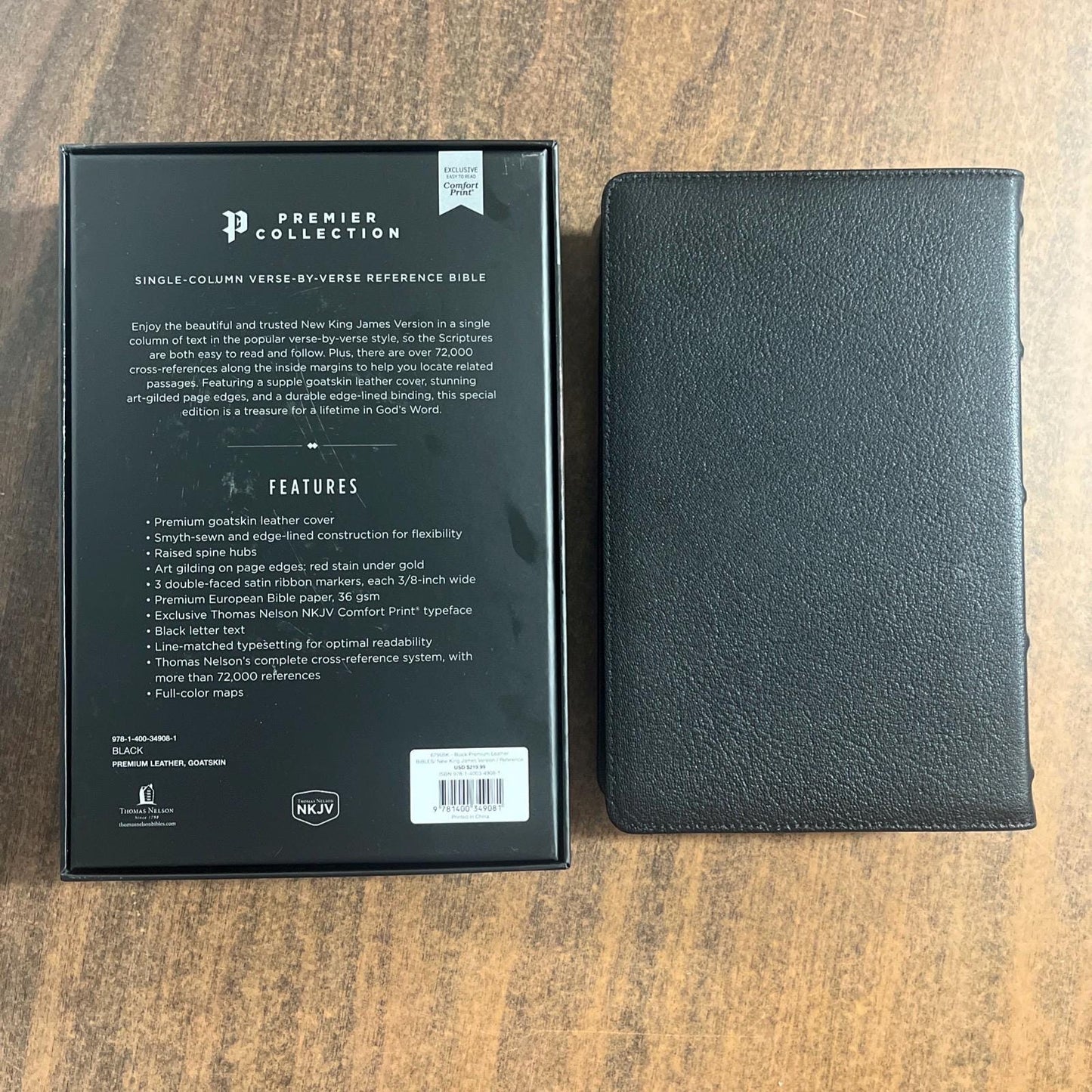 Personalized NKJV Single Column Reference Premier Collection Bible - Black Goatskin Premium Genuine Leather, Custom Imprinted 9781400349081