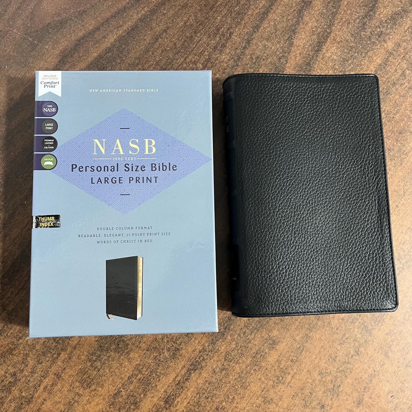 Personalized NASB Large Print Personal Size Bible Thumb Indexed - Black Genuine Calfskin Leather- Custom Imprinted, nasb 1995, 9780310465997