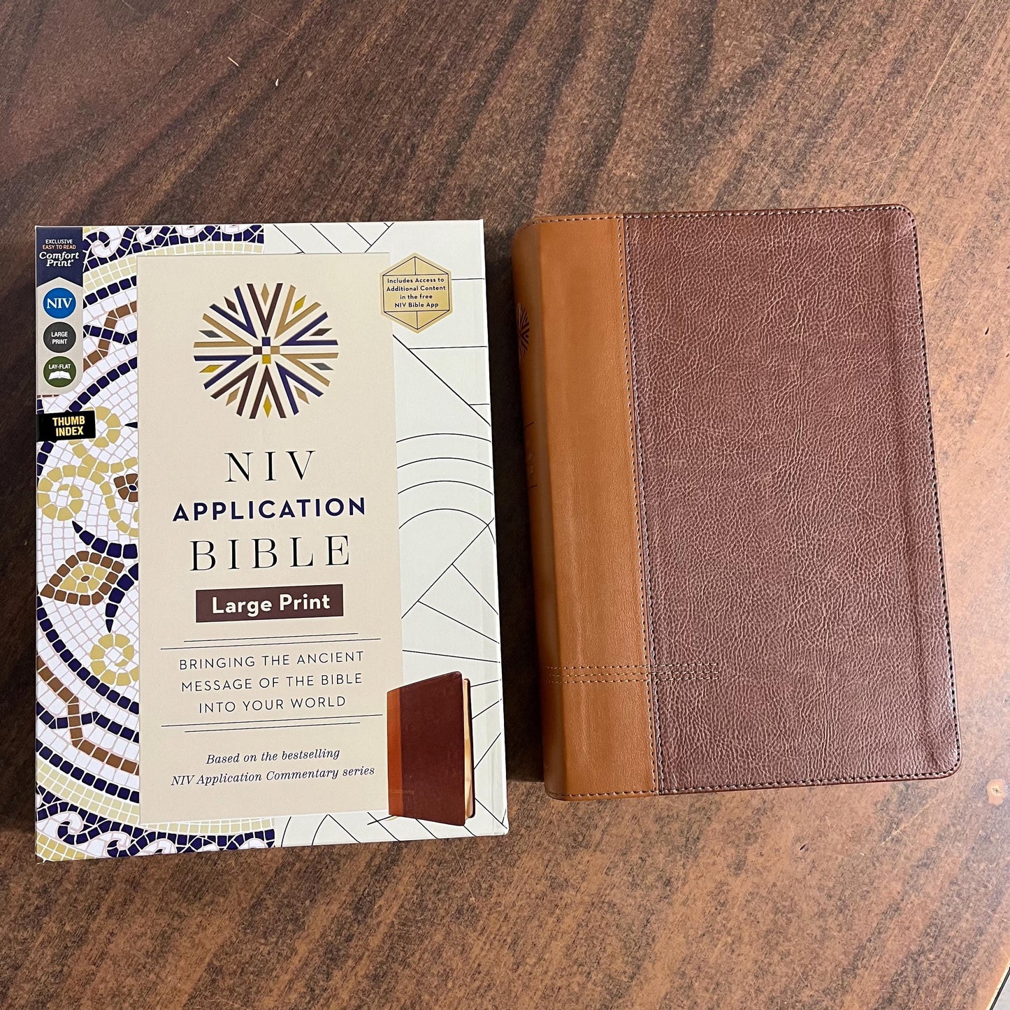 Personalized NIV Large Print Application Study Bible Thumb Indexed - Brown LeatherSoft, Custom Imprinted with a name, 9780310465317 (Update to Life Application Bible)