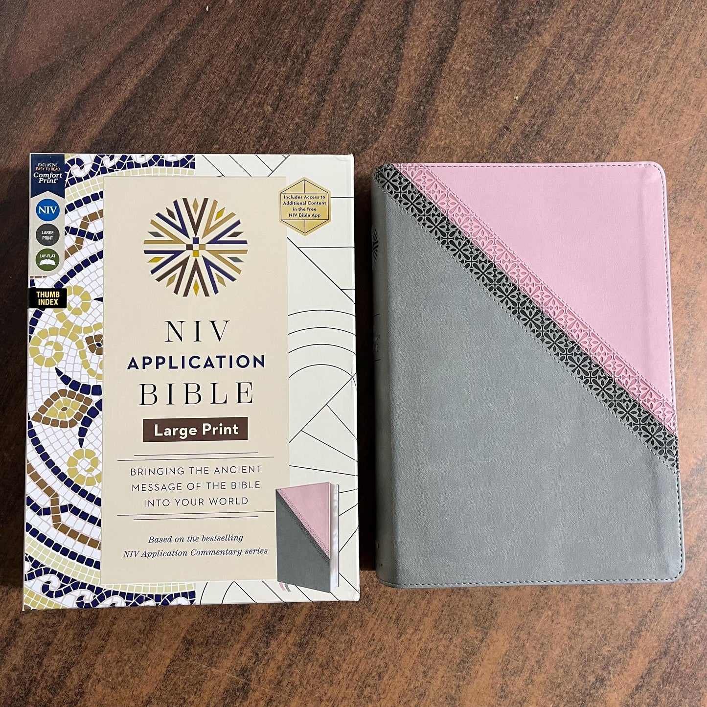 Personalized NIV Large Print Life Application Study Bible Thumb Indexed - Pink / Gray LeatherSoft, Custom Imprinted with name 9780310465348