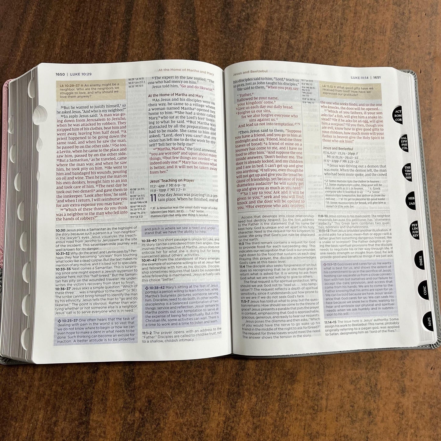 Personalized NIV Large Print Life Application Study Bible Thumb Indexed - Pink / Gray LeatherSoft, Custom Imprinted with name 9780310465348