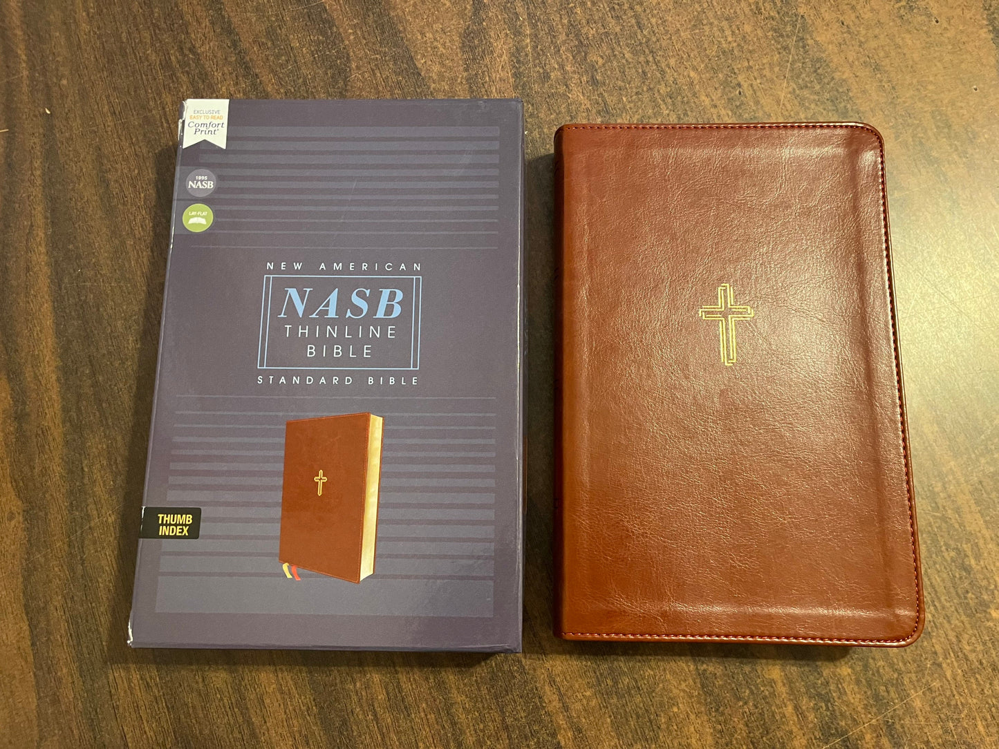 Personalized NASB Thinline Bible with Thumb Indexed Book Tabs - Brown LeatherSoft, Custom name engraved Imprinted, 9780310456360