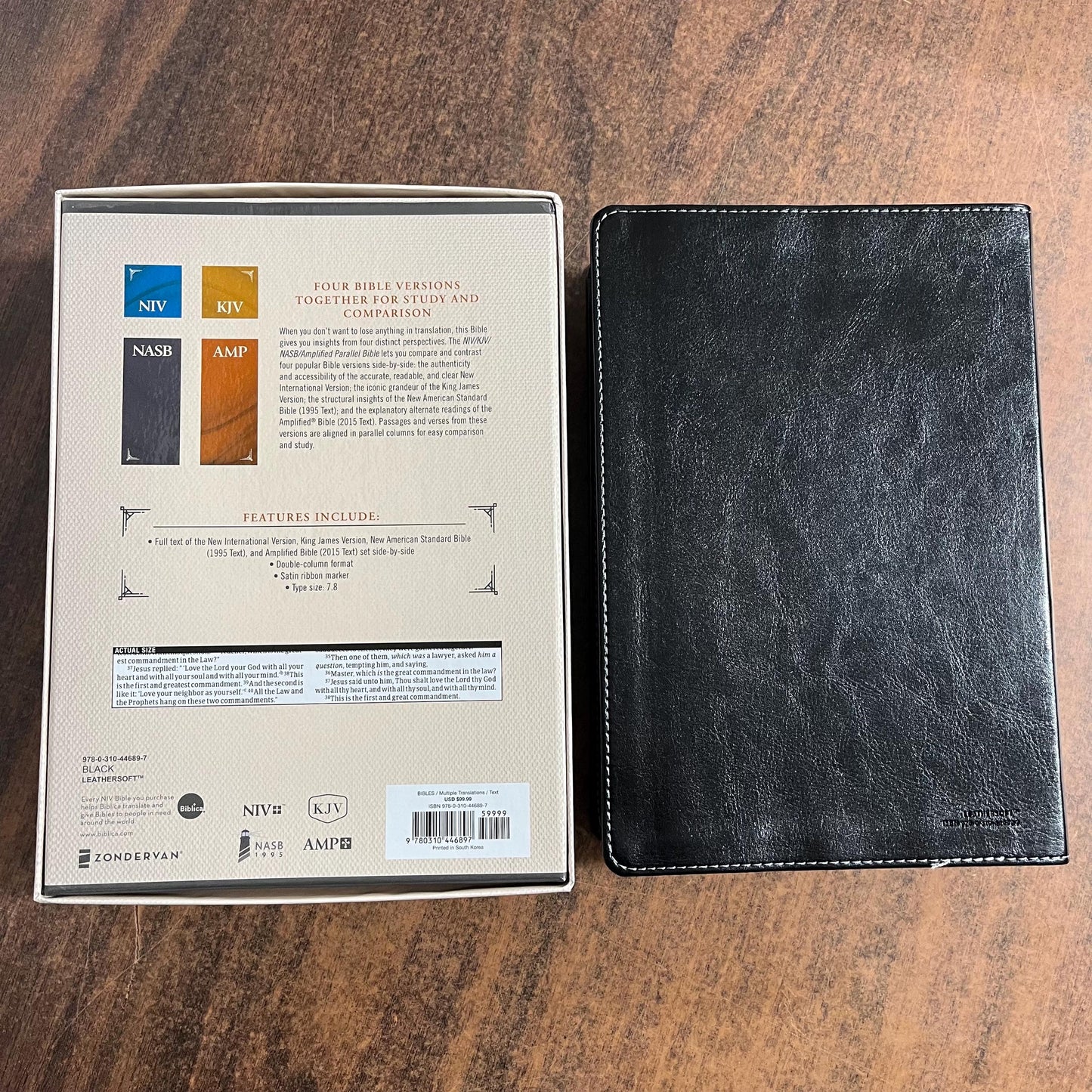 Personalized Parallel Bible - NIV / KJV / NASB 1995 / Amplified - Black LeatherSoft Cover, Custom Imprinted with name 9780310446897
