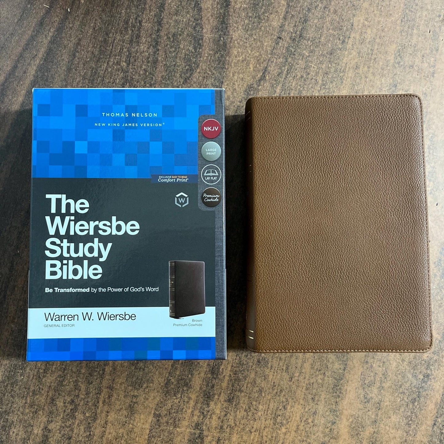 Personalized NKJV Wiersbe Study Bible - Brown Cowhide Genuine Leather - Custom Imprinted engraved with name Large 9.5 pt print 9780785221050