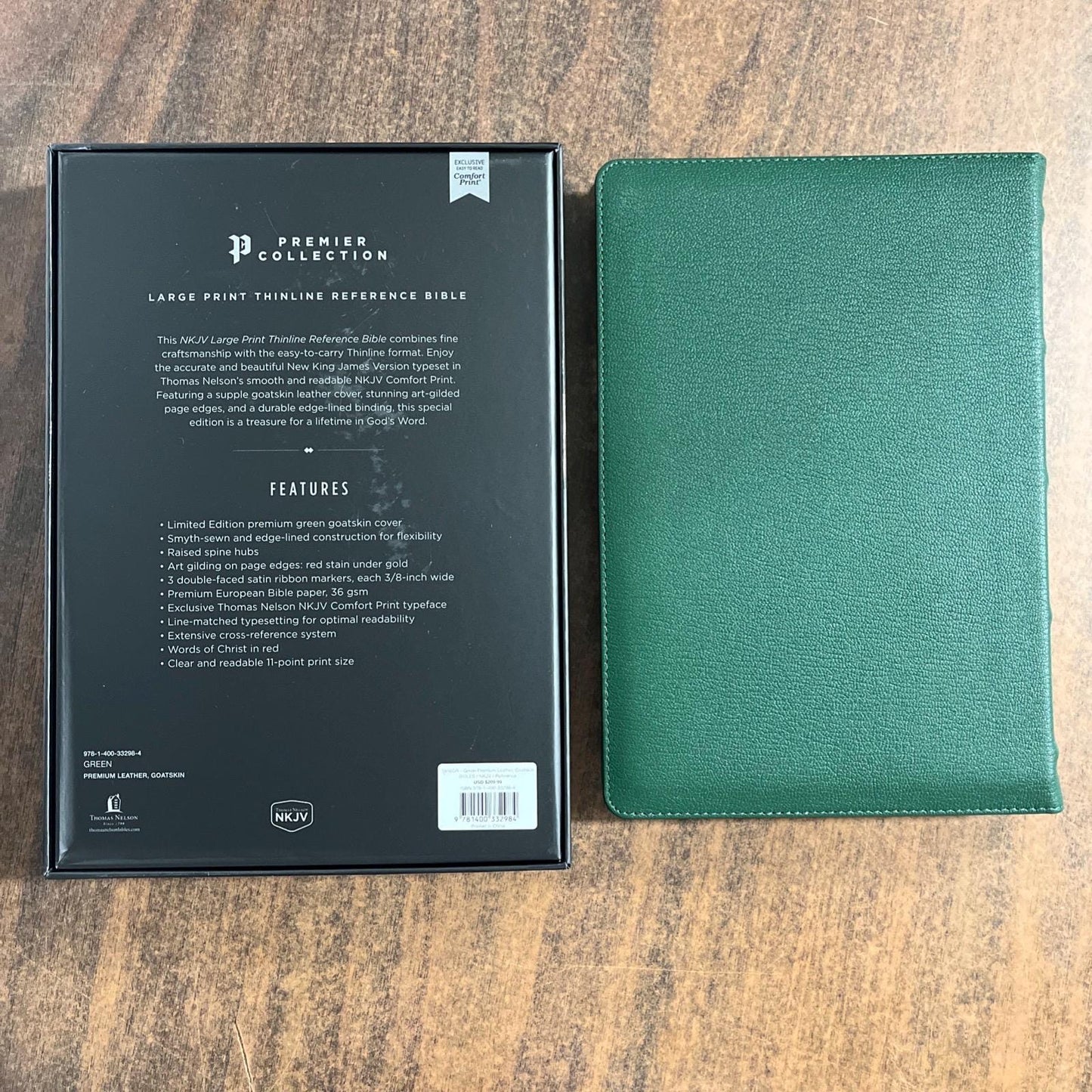 Personalized NKJV Large Print Thinline Reference Bible - Green Goatskin Premium Genuine Leather, Premier Collection, Name Imprinted
