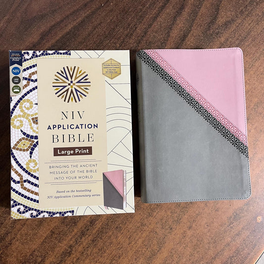 Personalized NIV Large Print Application Study Bible - Pink / Gray LeatherSoft,  Custom Imprinted with a name, 9780310465331 (Update to Life Application Bible)