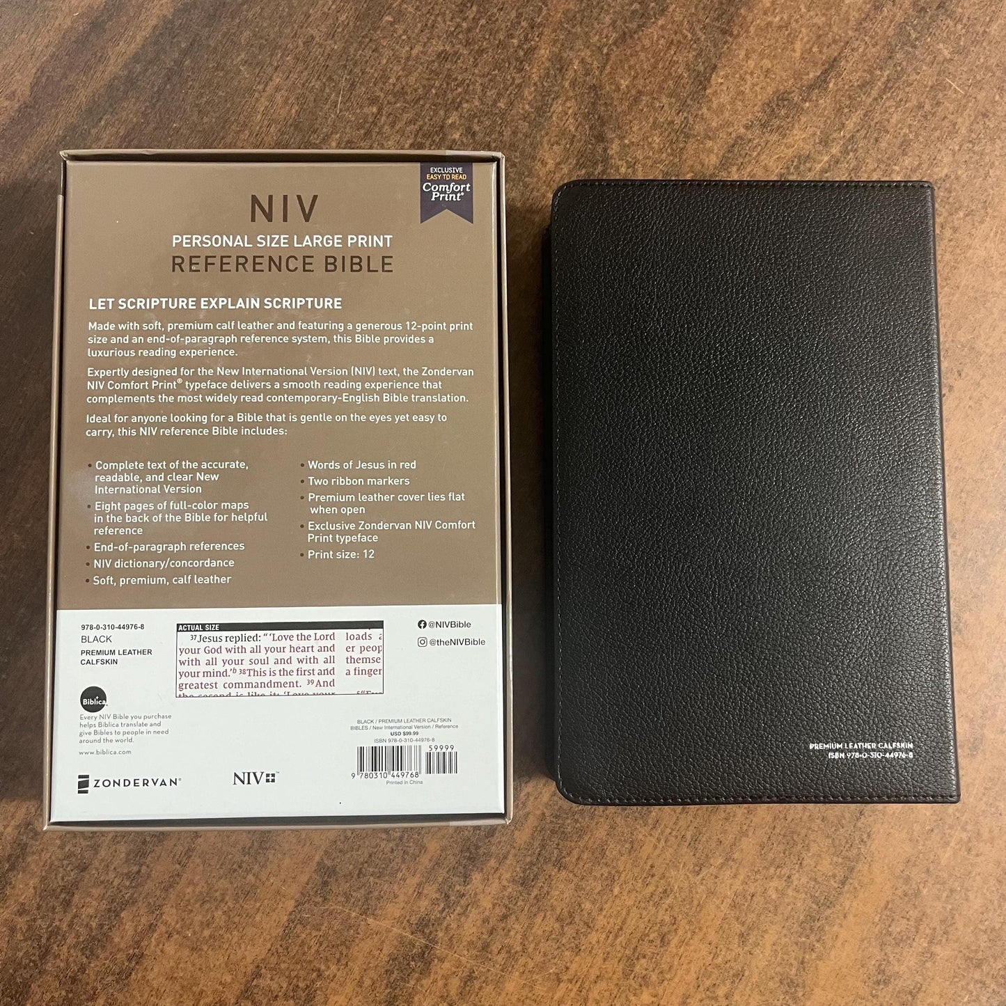 Personalized NIV Large Print Personal Size Reference Bible - Black Calfskin Premium Genuine Leather - Custom Imprinted name, 9780310449768