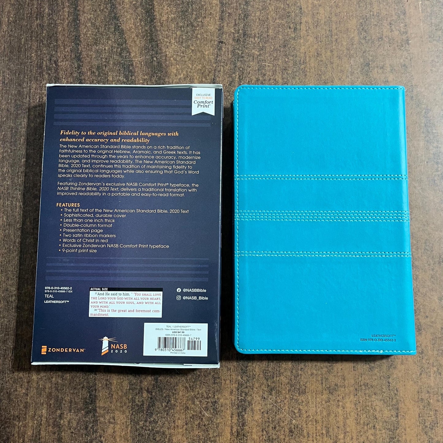 Personalized NASB Thinline Bible Thumb Indexed - Teal LeatherSoft, Custom Imprinted with a name, ISBN 9780310456667, NASB 2020 Text