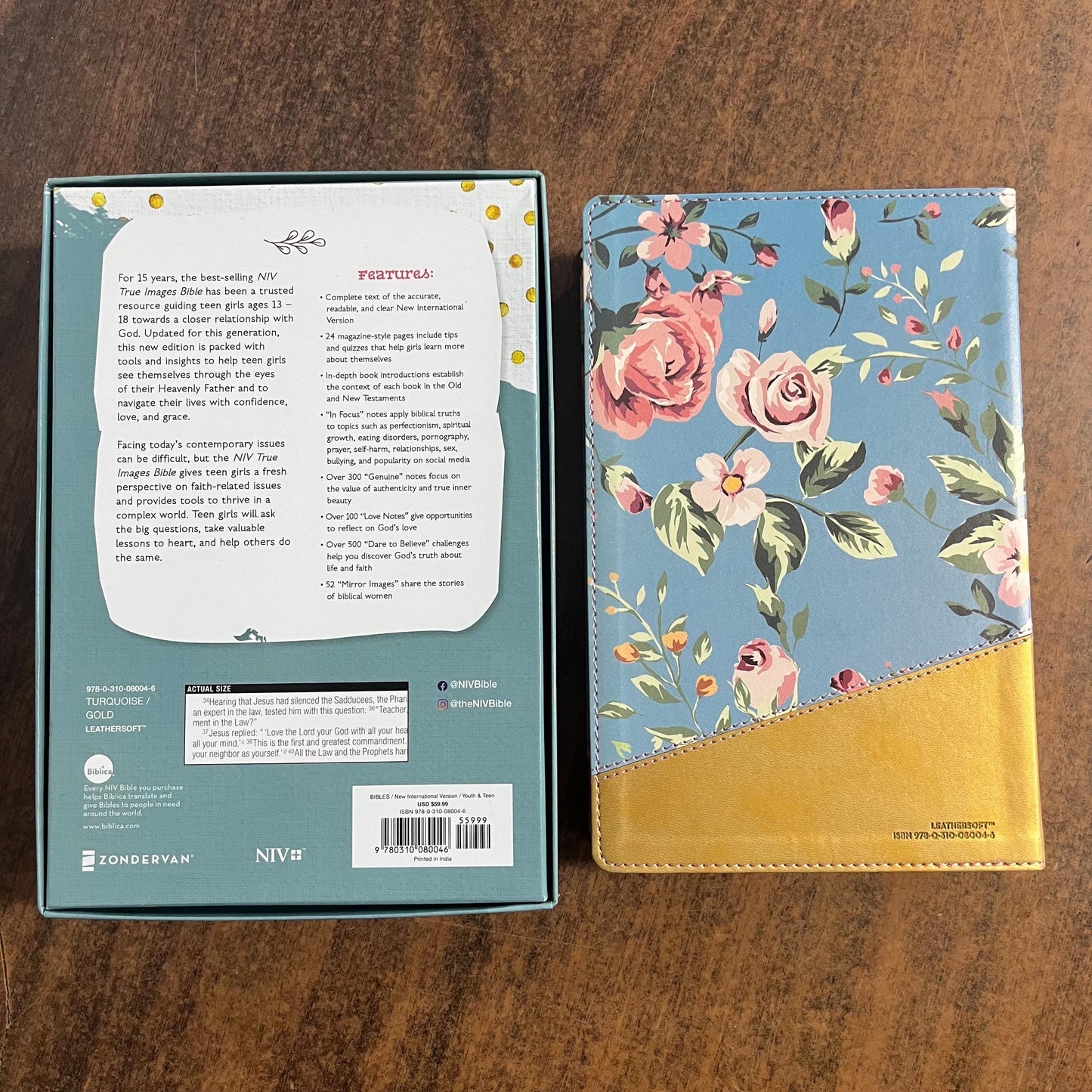 Personalized NIV True Images Study Bible for Teen Girls - Turquoise / Gold LeatherSoft - Custom Imprinted with a name, 9780310080046