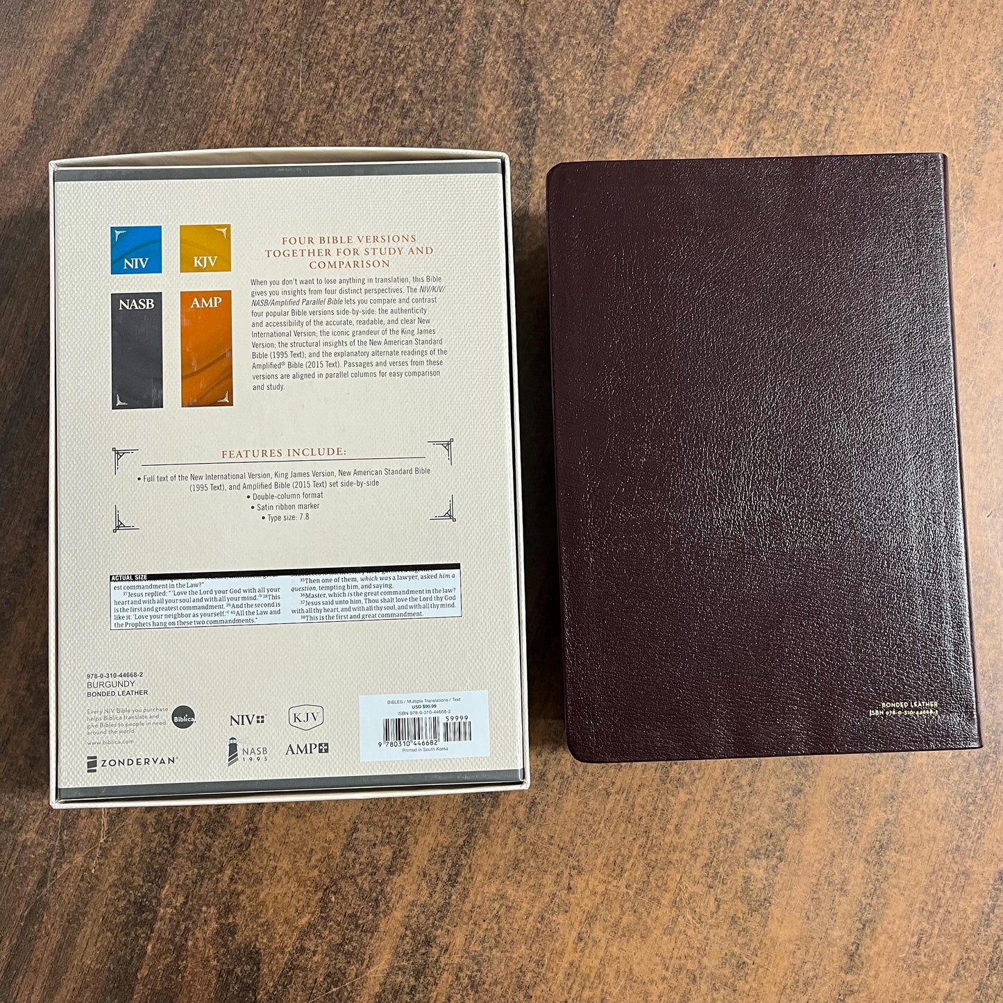 Personalized Parallel Bible - NIV / KJV / NASB 1995 / Amplified - Burgundy Bonded Leather Cover, Custom Imprinted with name 9780310446682