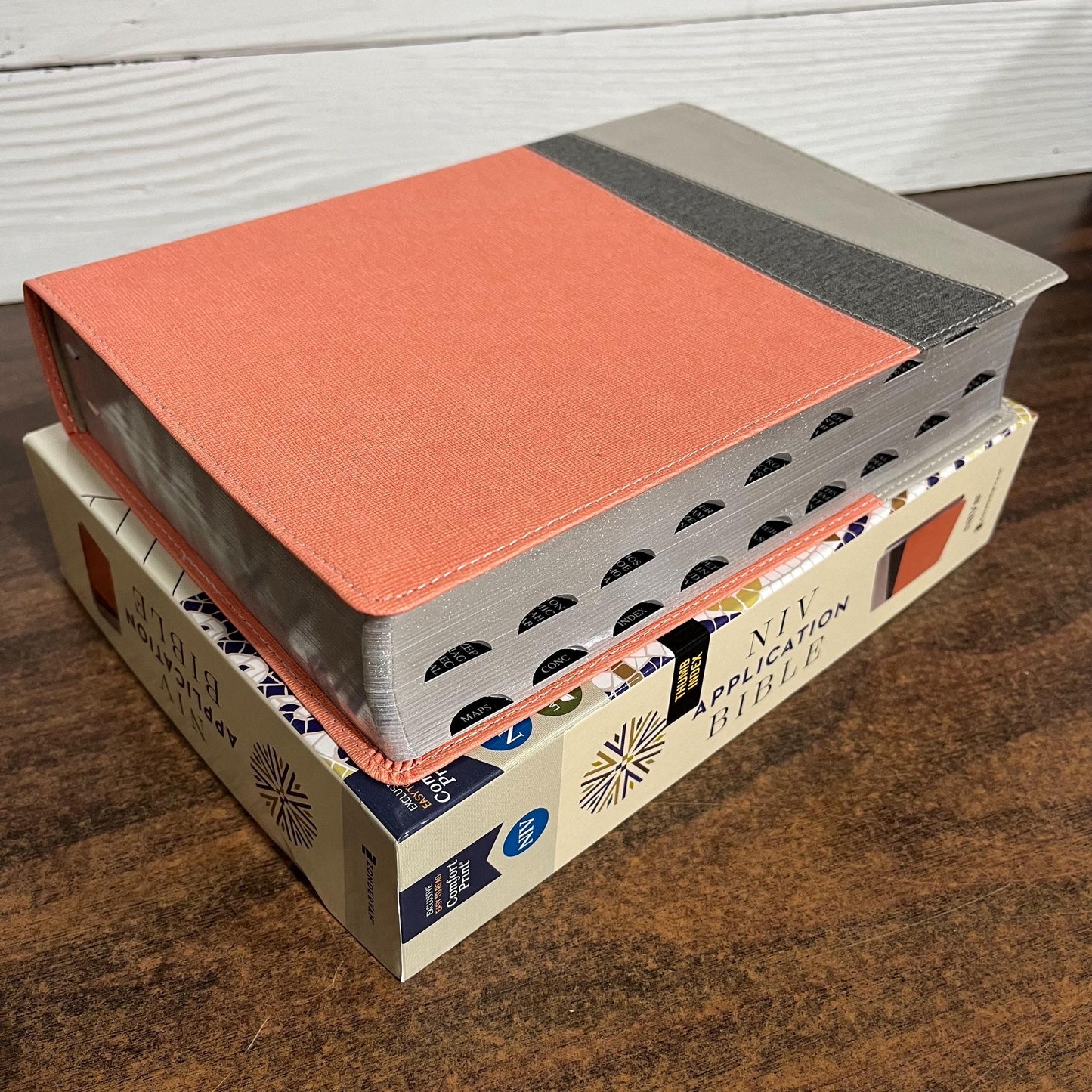 Personalized NIV Life Application Study Bible Thumb Indexed with Tabs - Coral / Gray LeatherSoft -Custom Imprinted with a name 9780310465171
