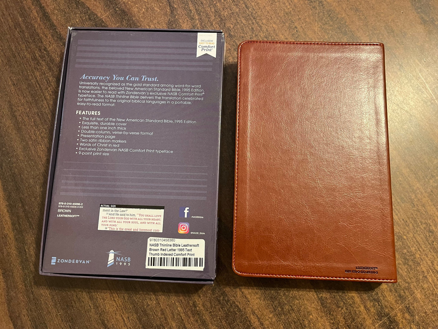 Personalized NASB Thinline Bible with Thumb Indexed Book Tabs - Brown LeatherSoft, Custom name engraved Imprinted, 9780310456360