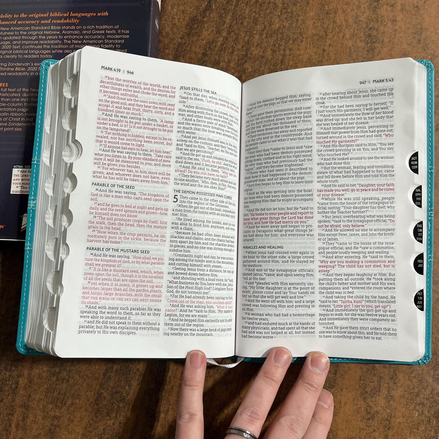 Personalized NASB Thinline Bible Thumb Indexed - Teal LeatherSoft, Custom Imprinted with a name, ISBN 9780310456667, NASB 2020 Text