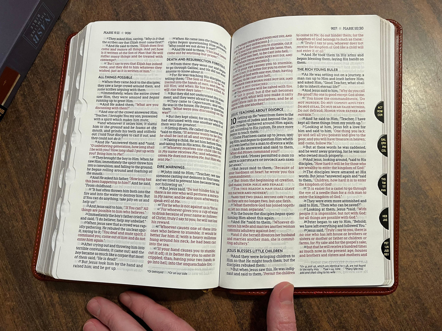 Personalized NASB Thinline Bible with Thumb Indexed Book Tabs - Brown LeatherSoft, Custom name engraved Imprinted, 9780310456360
