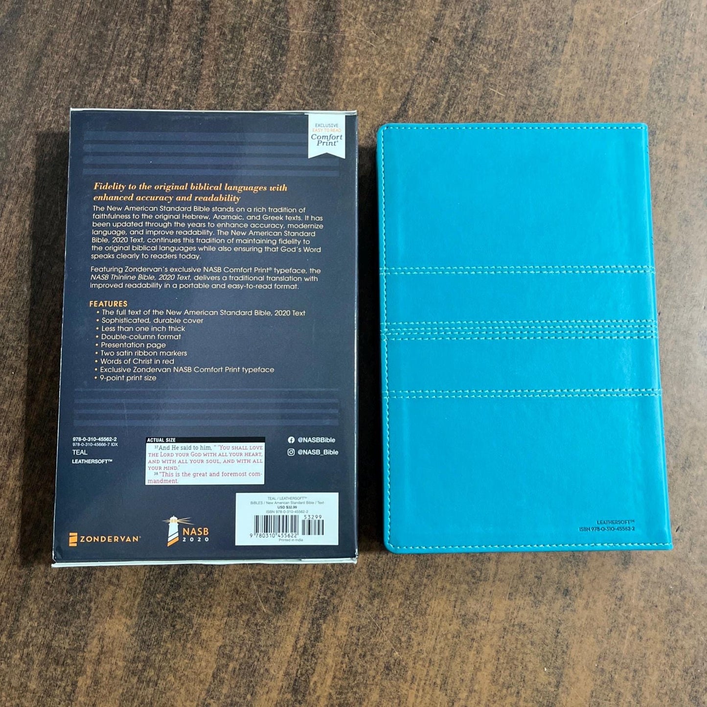 Personalized NASB Thinline Bible - Teal LeatherSoft, Custom Imprinted with a name, ISBN 9780310455622, NASB 2020 Text